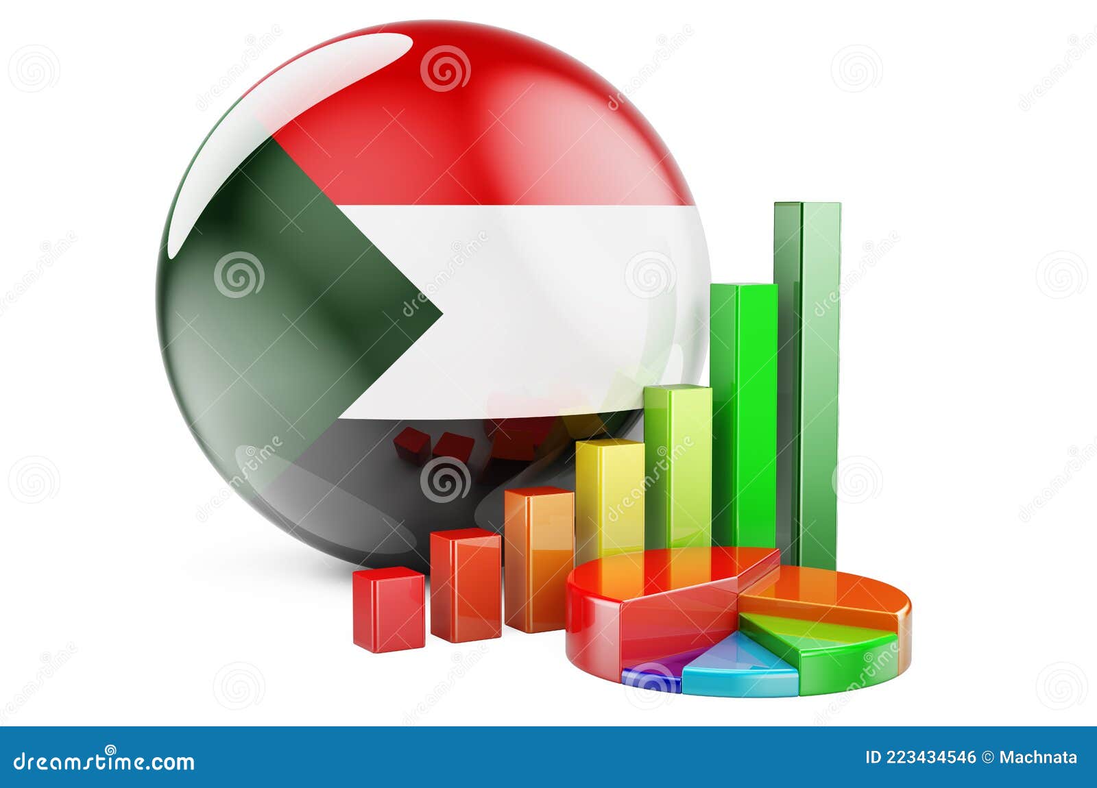 Sudanese Flag with Growth Bar Graph and Pie Chart. Business, Finance