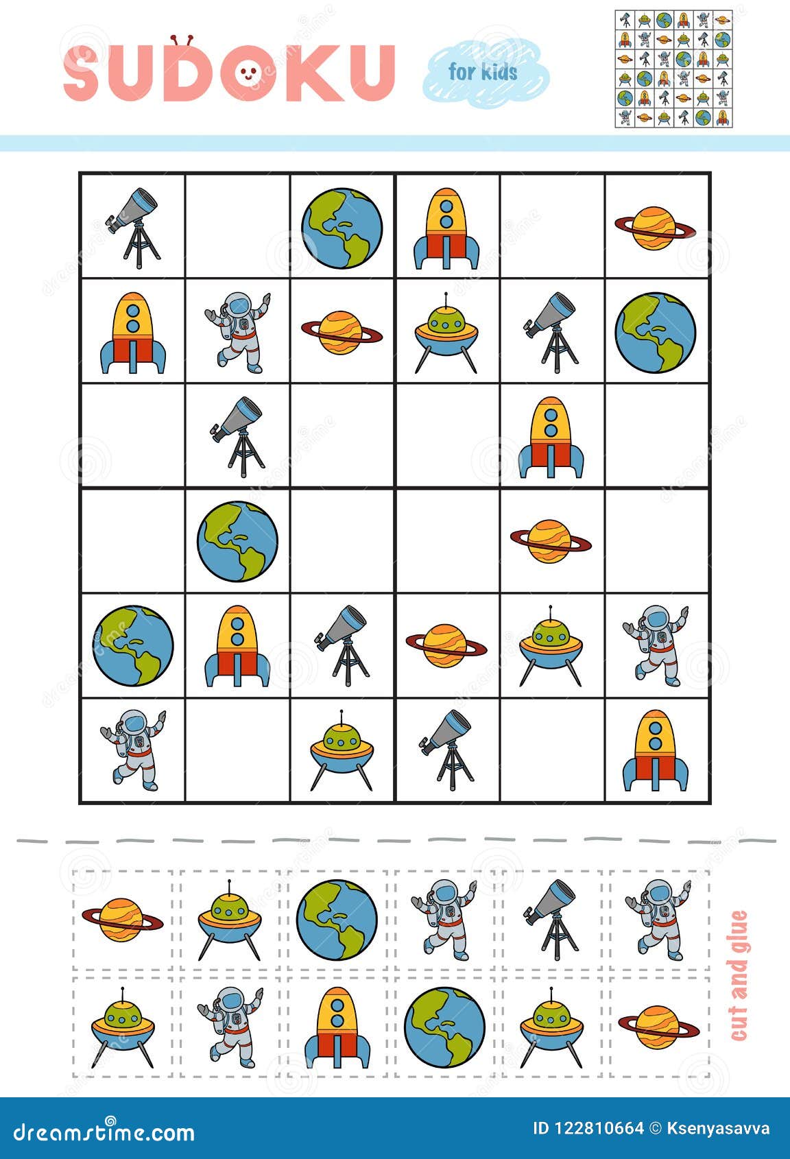 Sudoku for Children, Education Game. Cartoon Set of Space Object Stock