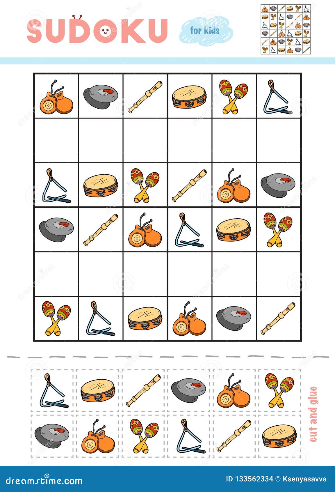 sudoku for children, education game. set of musical intstruments