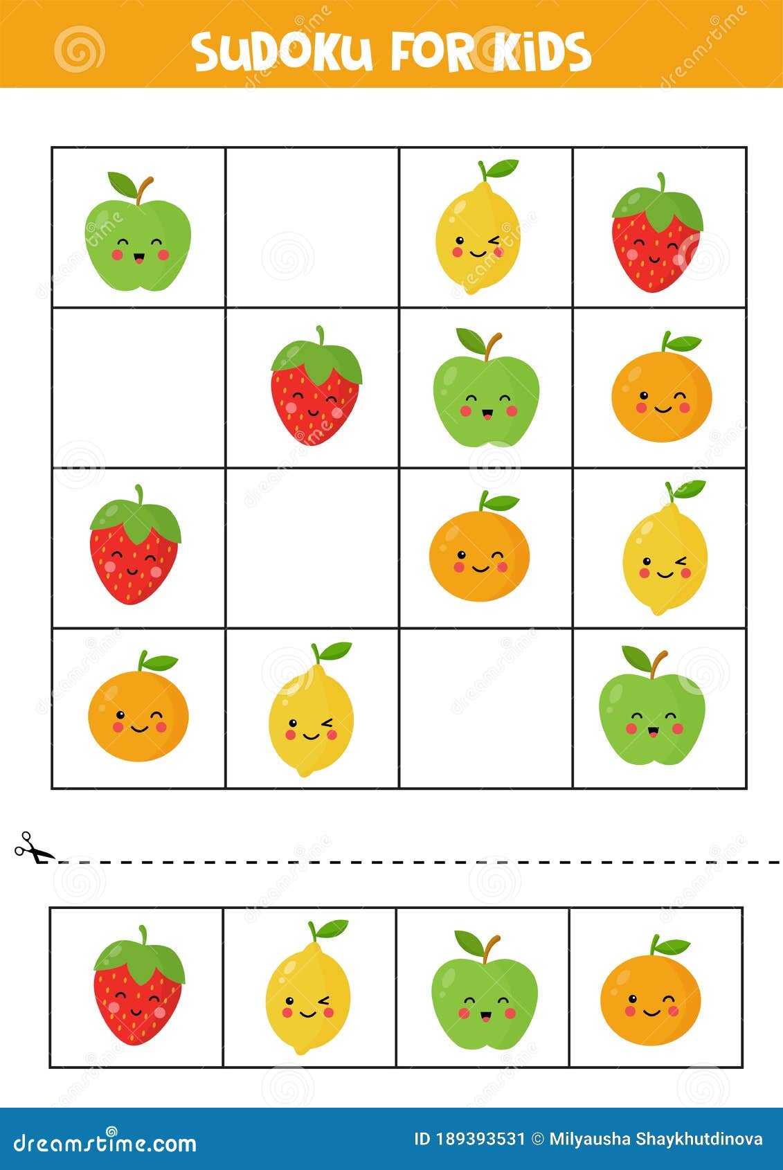 Sudoku For Kids With Cute Kawaii Apple Orange Strawberry And Lemon Stock Vector Illustration Of Healthy Kids