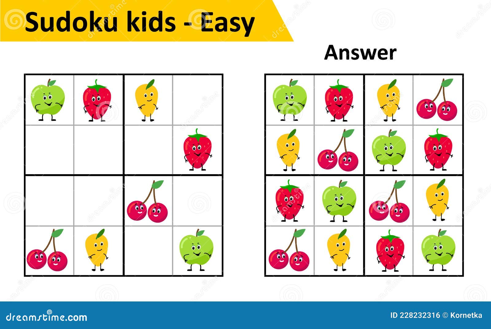 sudoku kids game with answers cute fruit characters in 4x4 game for small children stock vector illustration of learning vector 228232316