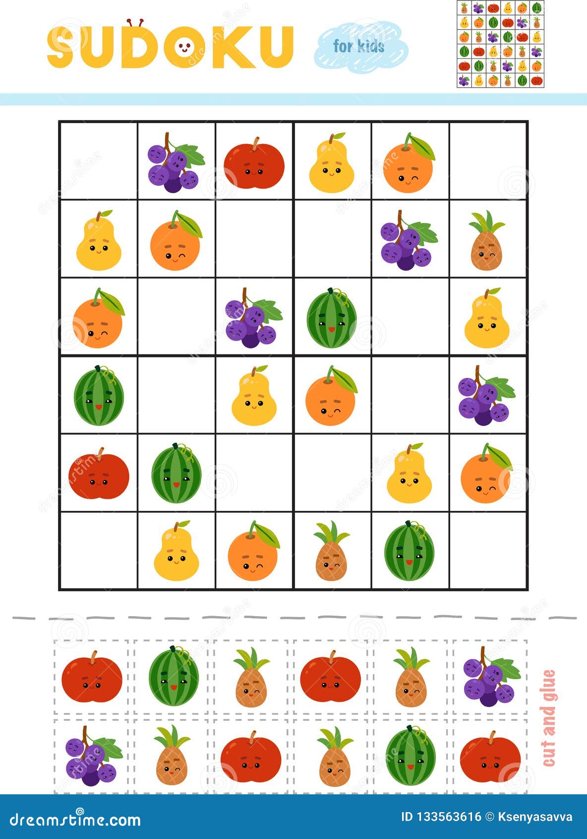 Sudoku Para Los Niños, Juego De La Educación De Frutas Con Las Caras Divertidas del Vector - Ilustración de fruta, uvas: 133563616