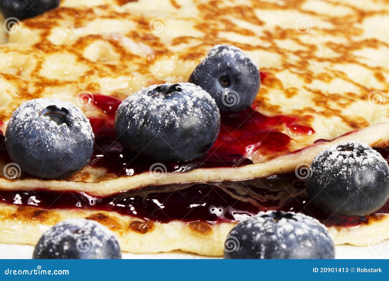 Sugar Covered Blueberries with Jam on Pancakes Stock Image Image of