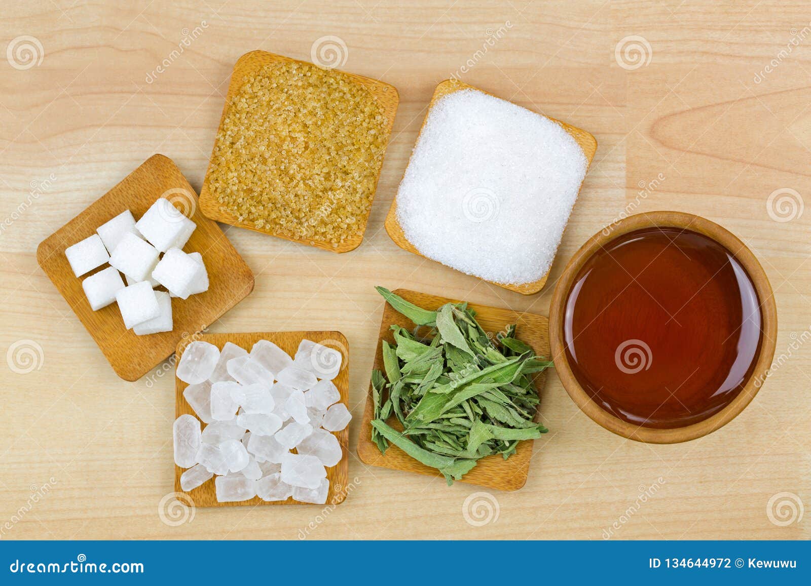 sugar cubes, brown sugar crystals, granulated white sugar, rock sugar, stevia, honey, different types of sweetness