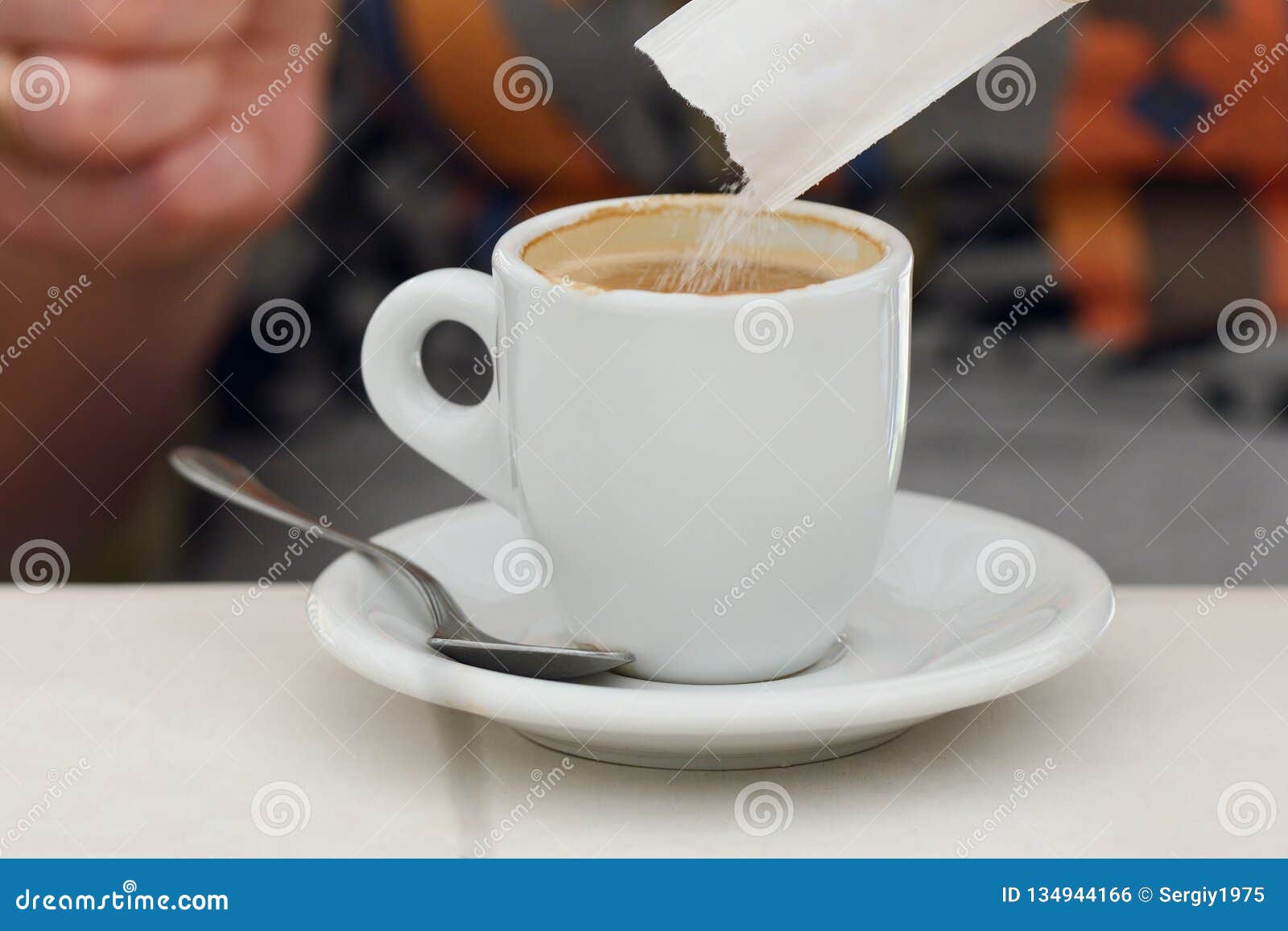 Sugar is Poured into a Cup of Coffee Stock Photo Image of closeup