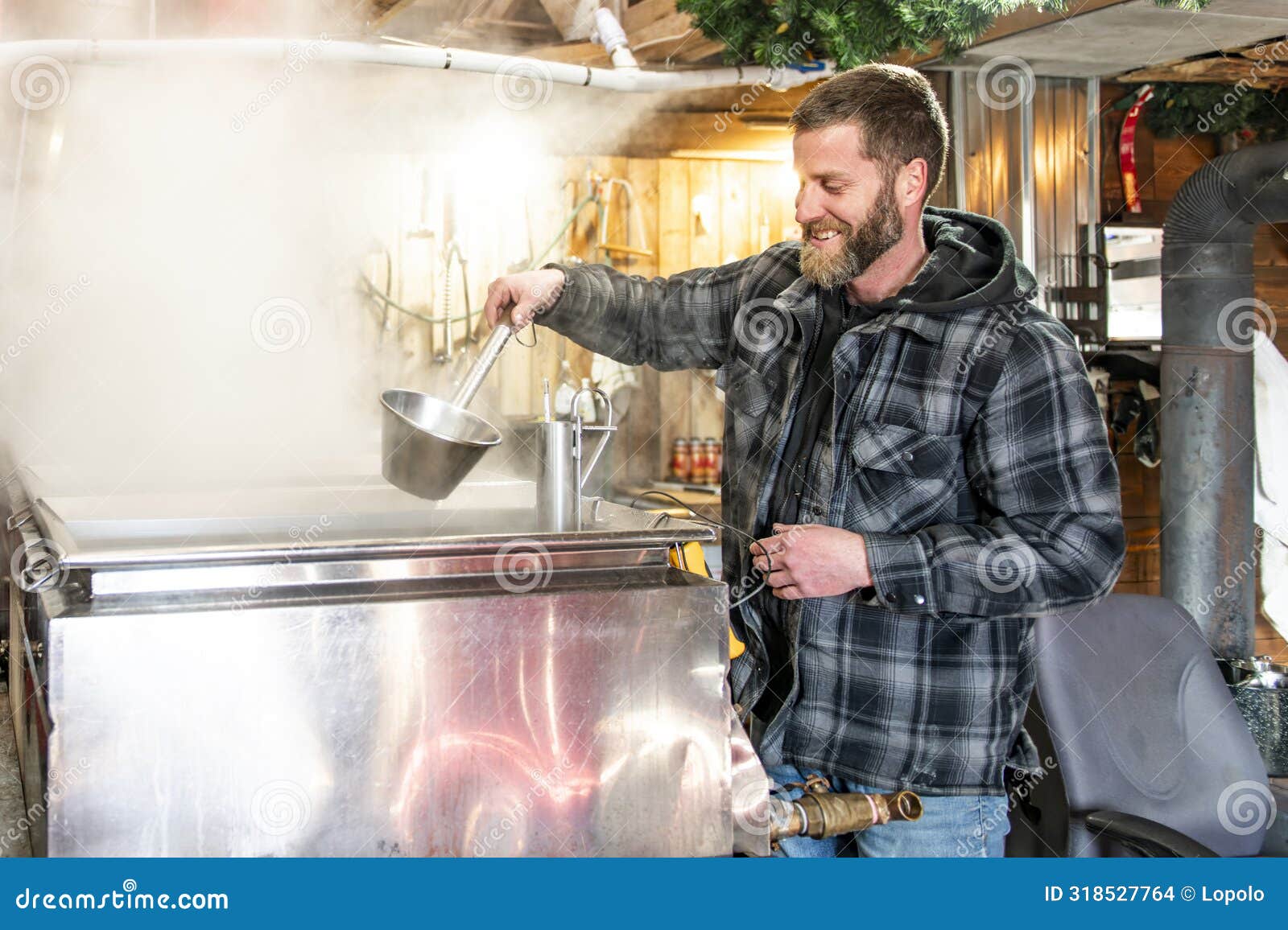 sugar shack, a maple farmer wearing a traditional clothe working doing sugar sirop