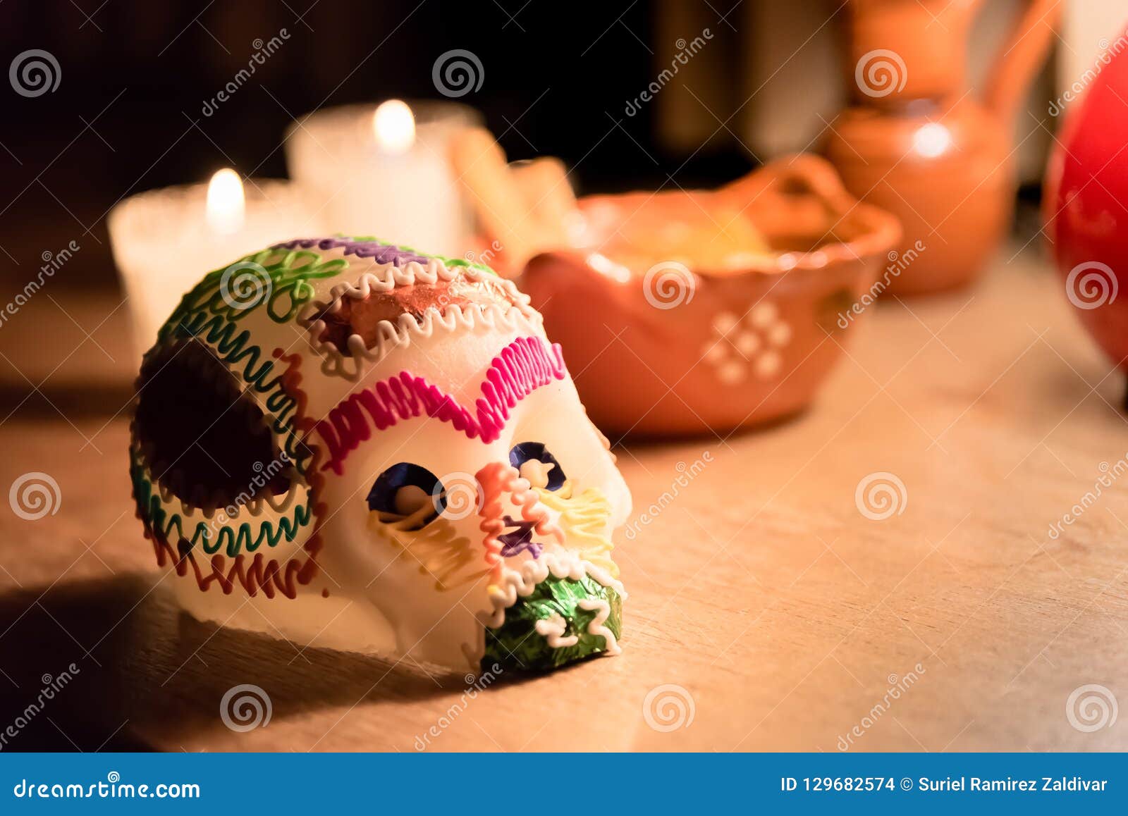 sugar skull and candles - calaverita - ofrenda dia de muertos