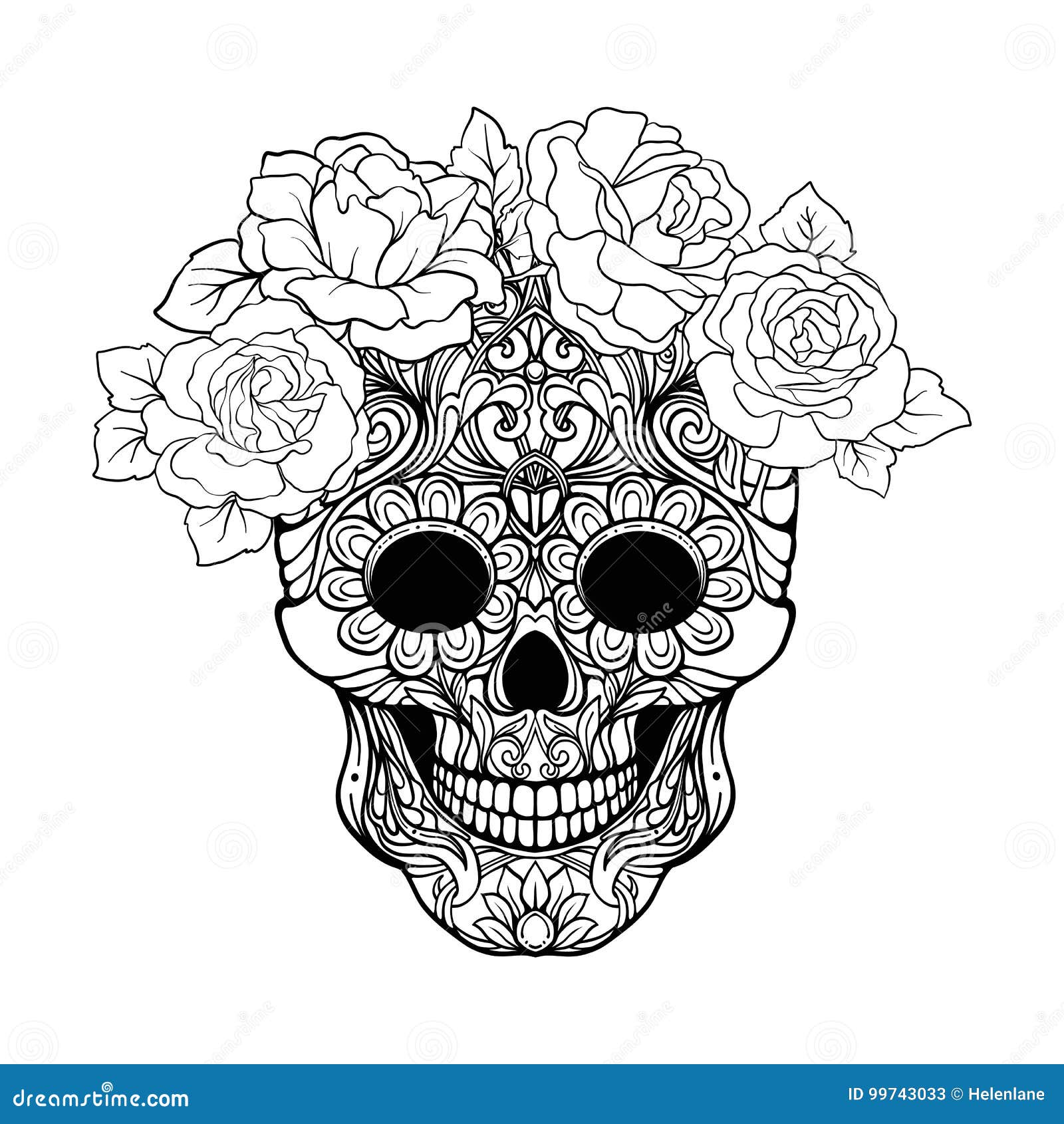 sugar skull and flowers drawing