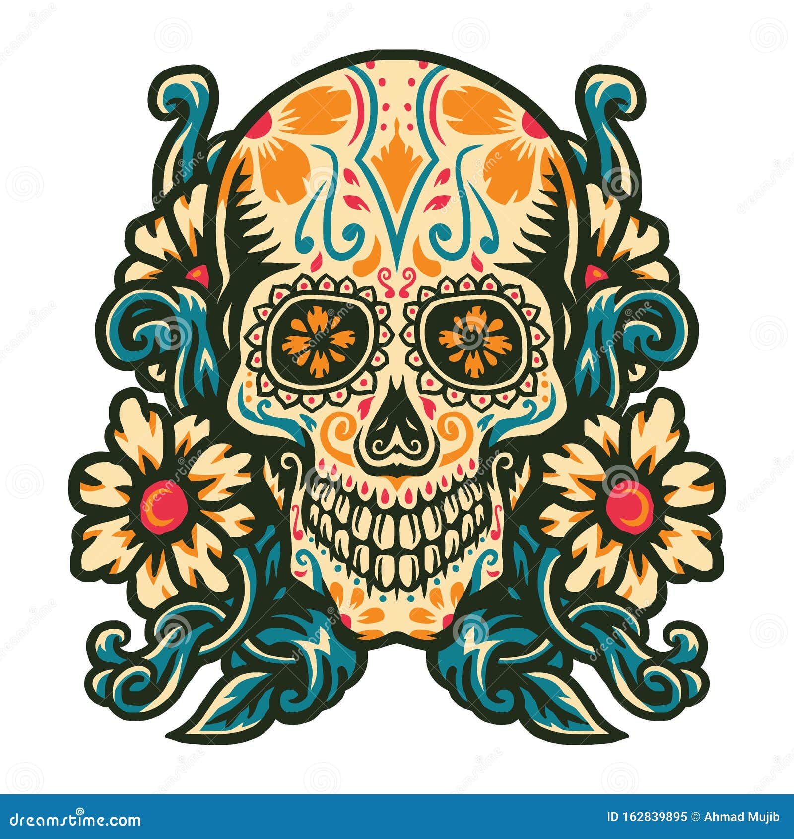 sugar skull and flowers drawing