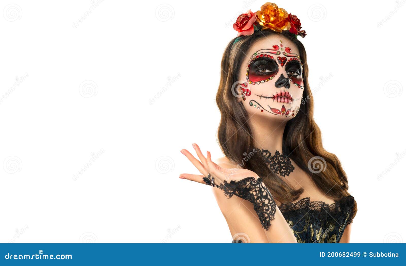 sugar skull makeup. halloween party, traditional mexican carnival, santa muerte. beautiful young woman costume