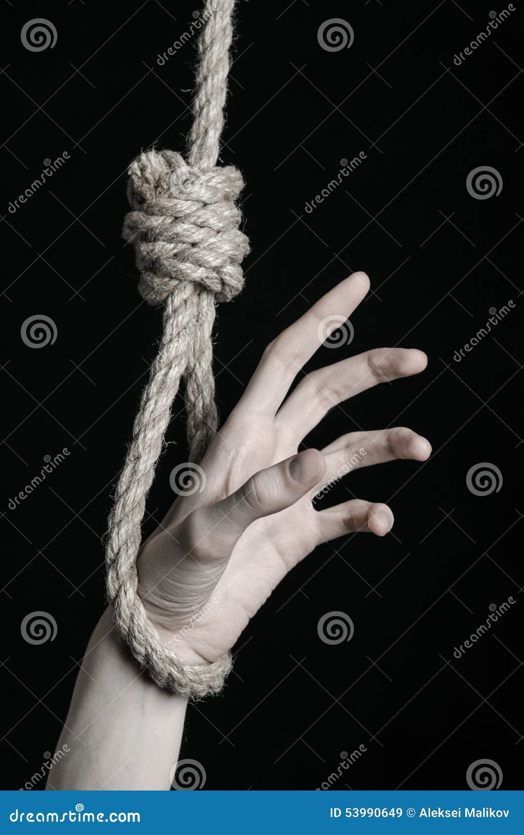Suicide and Depression Topic: Human Hand Hanging on Rope Loop on a Black  Background Stock Image - Image of hold, despair: 53990649