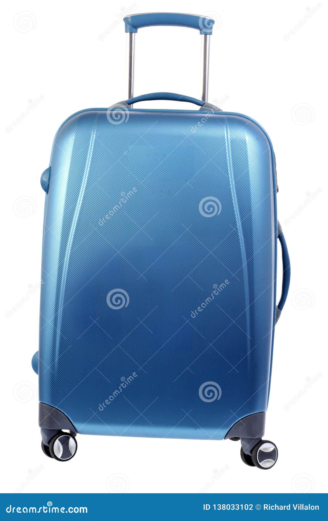 Blue suitcase with wheels stock photo. Image of background - 138033102