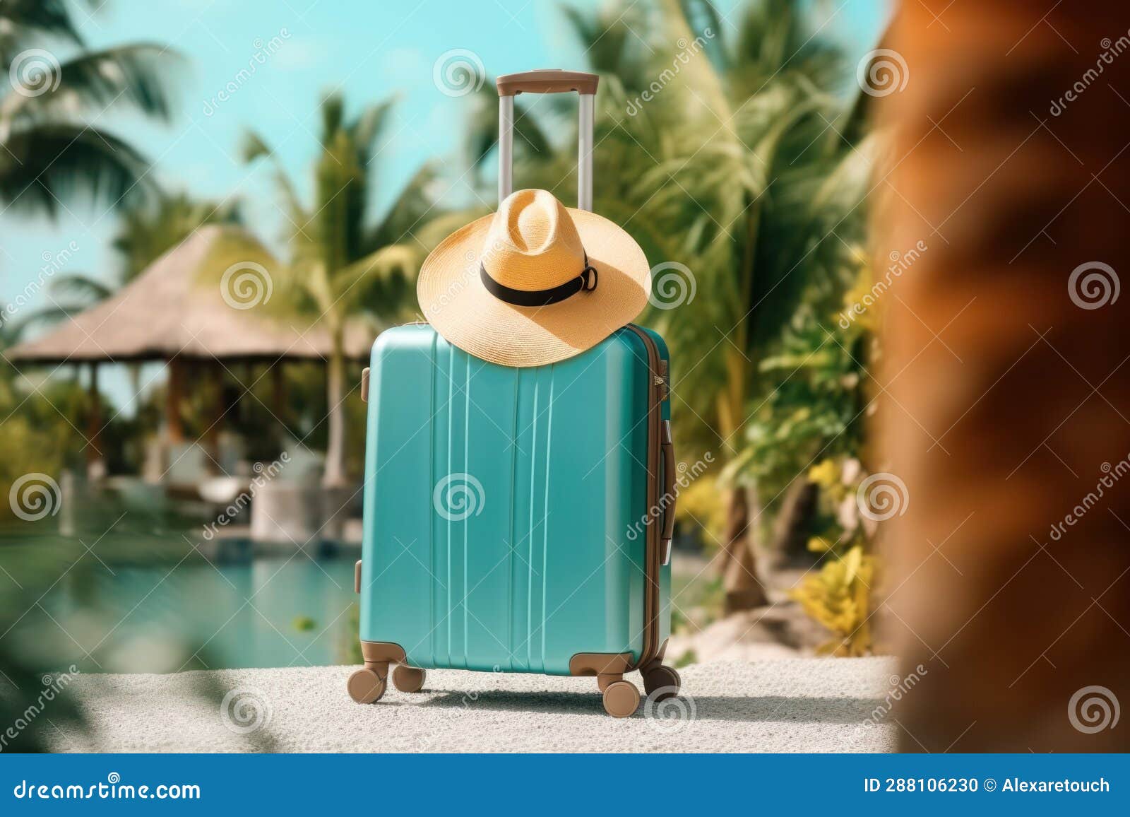 Suitcase with Hat Standing on Clean Tropical Background, Stock ...