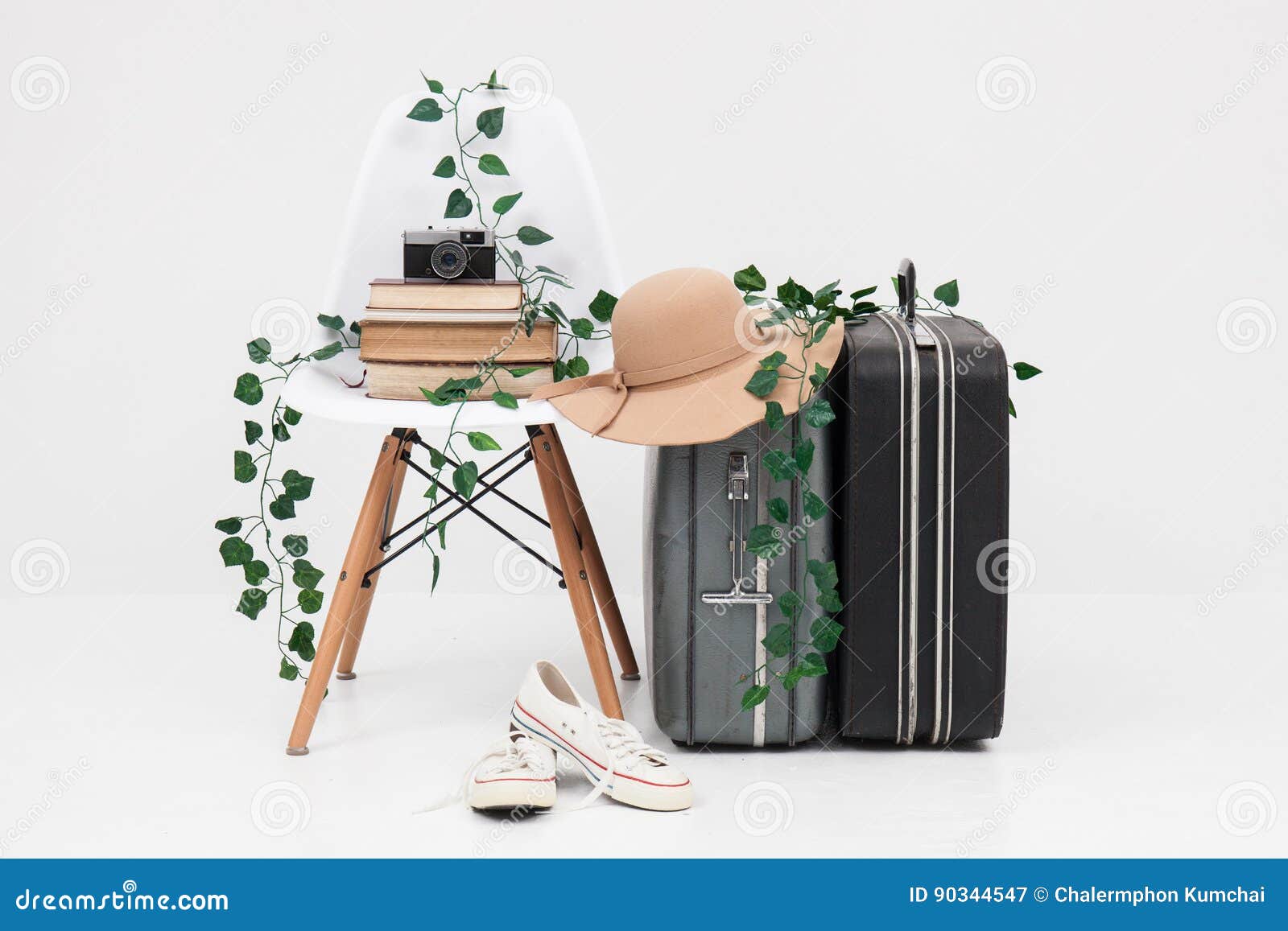 Suitcase with Shoes, and Cemera Ready for Travel Stock Image Image of