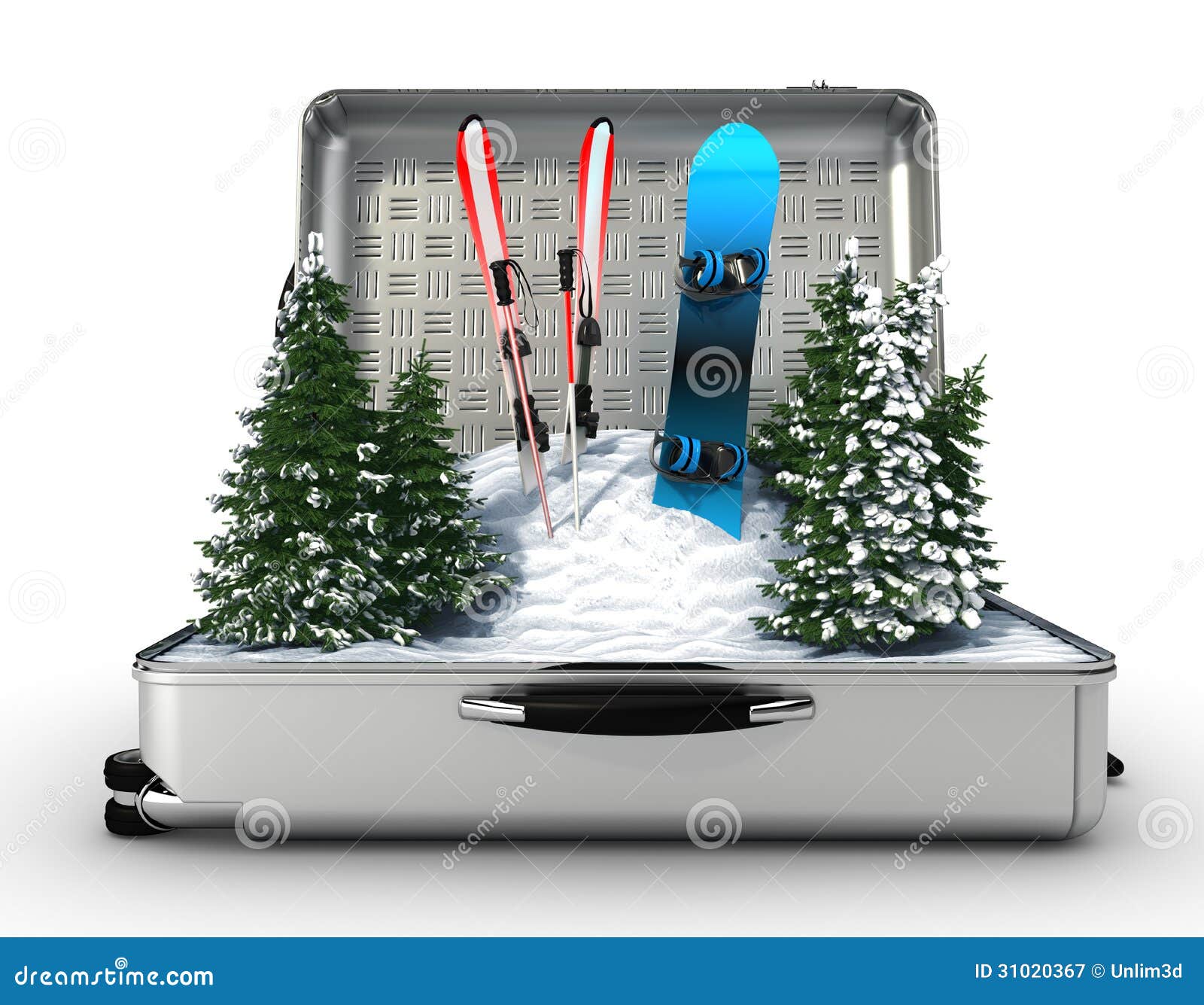 Suitcase Ski and Snowboard with Snow Inside Stock Illustration