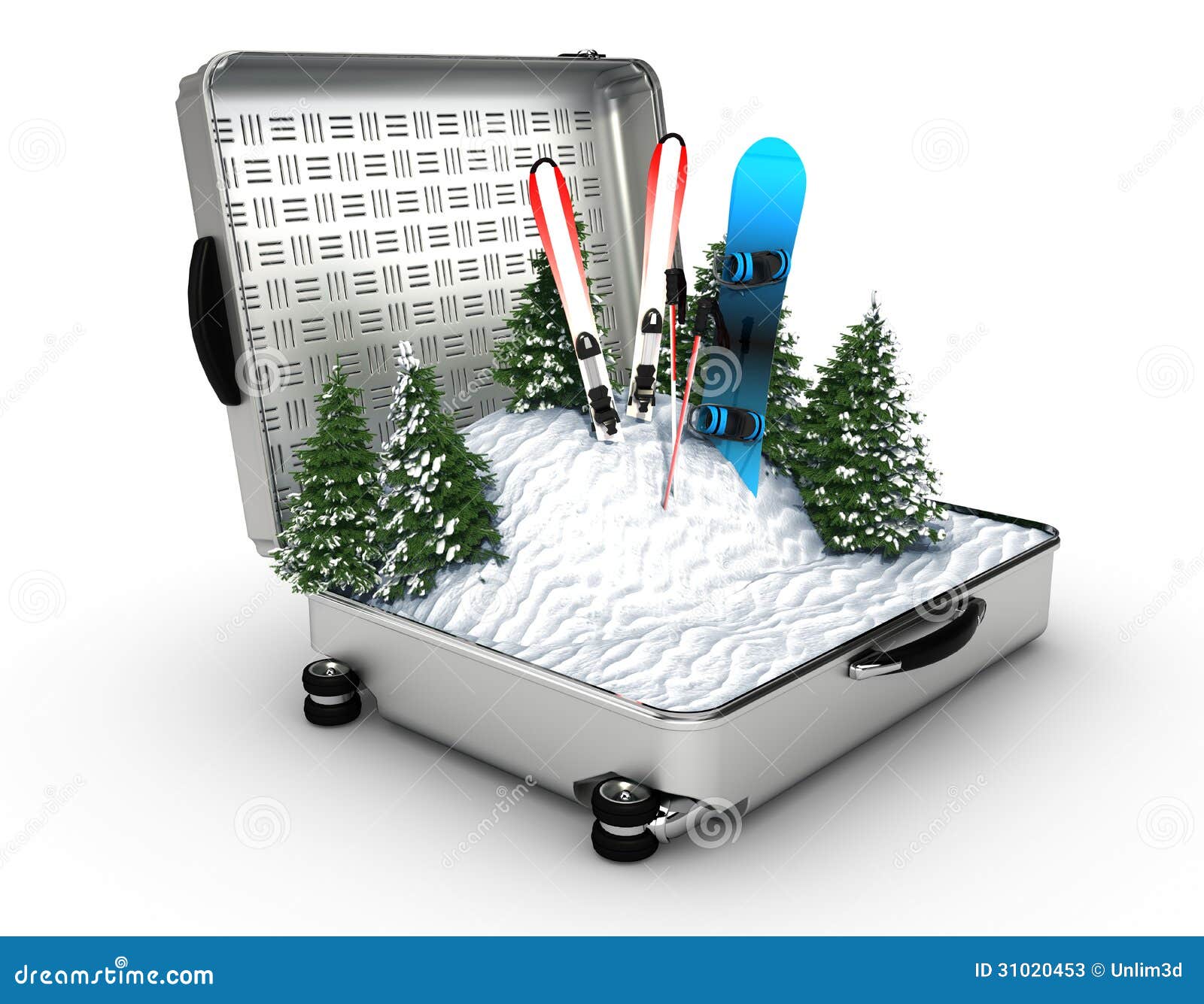 Suitcase Ski and Snowboard with Snow Inside Stock Illustration