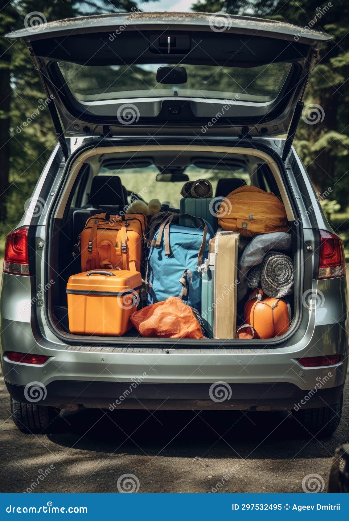 Red Car with with Things for Vacation and Camping. Preparing To