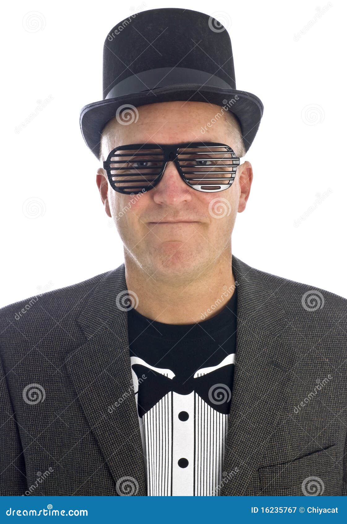 Suited Man with Black Hat and Funky Sunglasses Stock Image Image of
