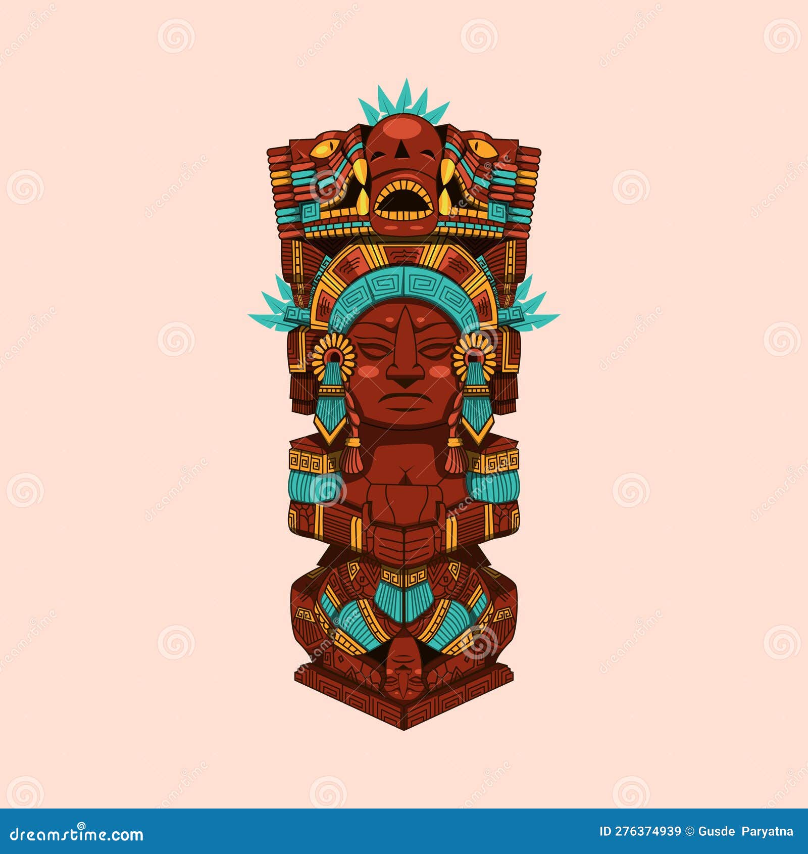 ancient mayan sculpture . aztec ornament. dark red, skyblue and yellow