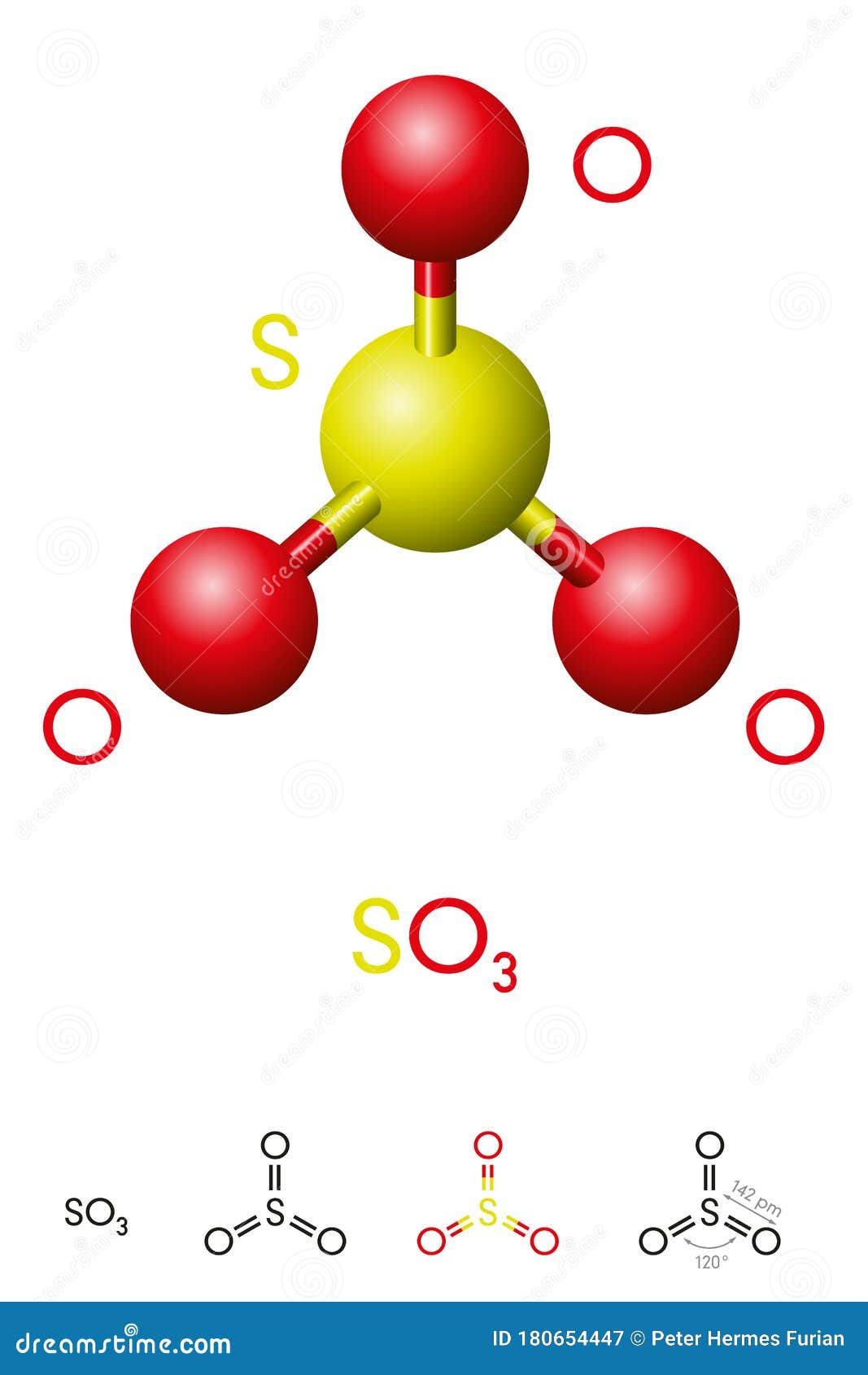 Sulfur trioxide, SO3, molecule model and chemical formula