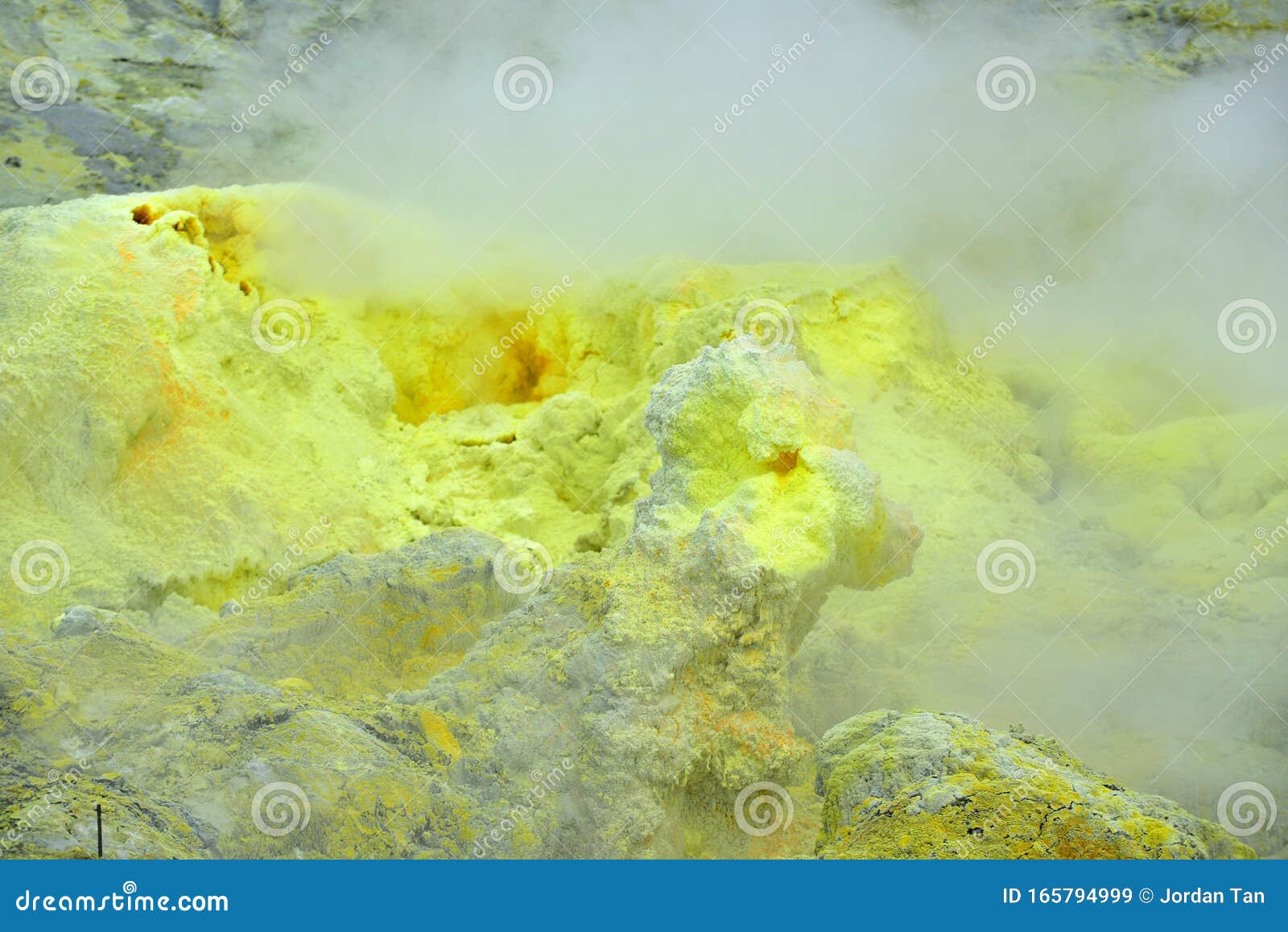 sulpur and steam vents on white island, new zealand`s most active cone volcano