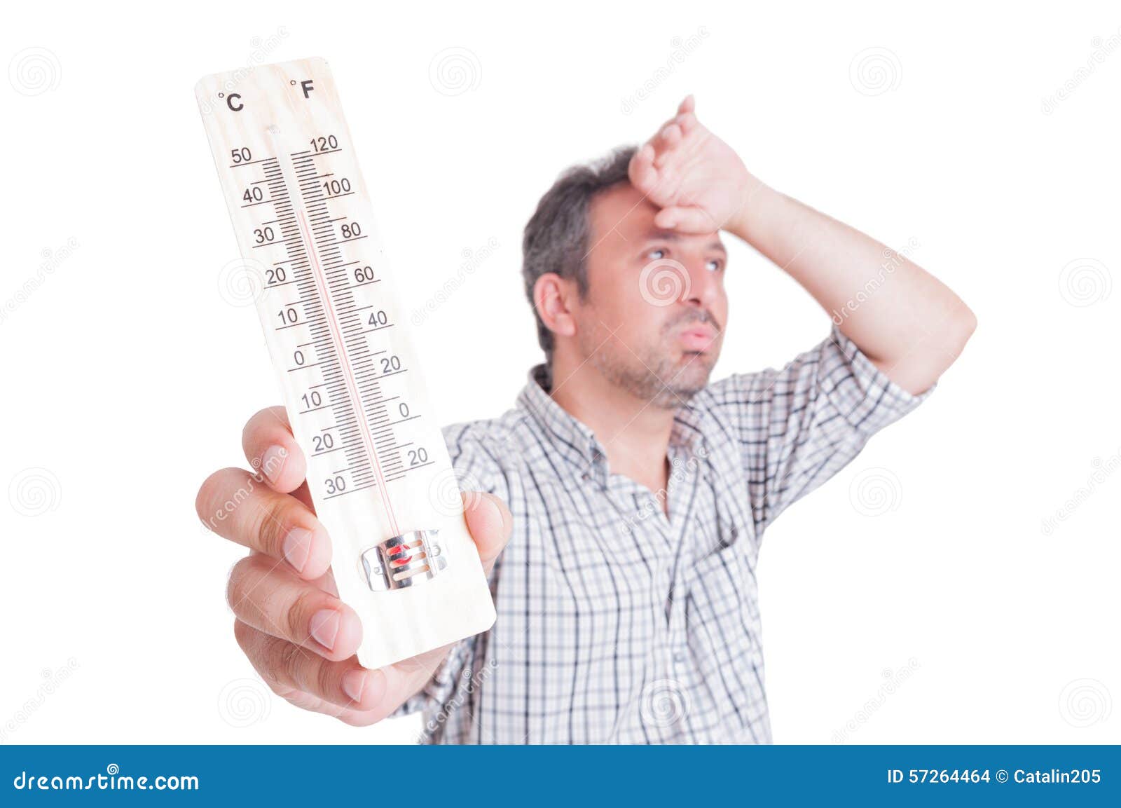 sumer heat and heatwave concept with man holding thermometer