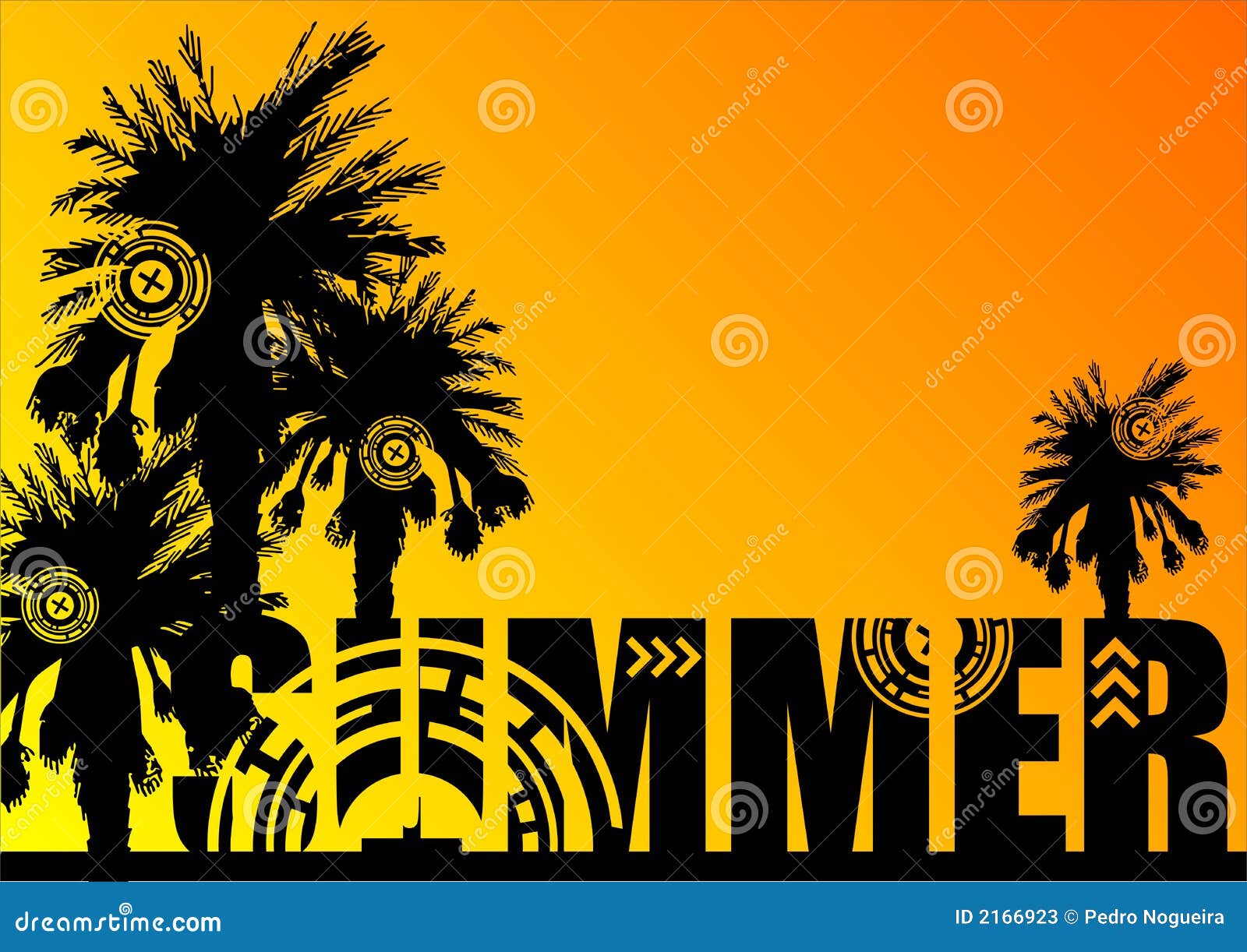 Summer_01. Palmeschattenbilder oben auf das Wort SOMMER über orange und gelbem Steigunghintergrund