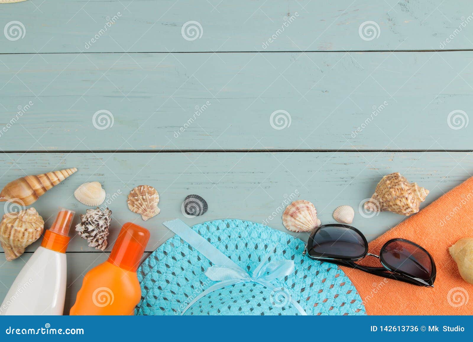 Summer Accessories. Beach Accessories. Sunscreens, a Hat, Shells, and ...