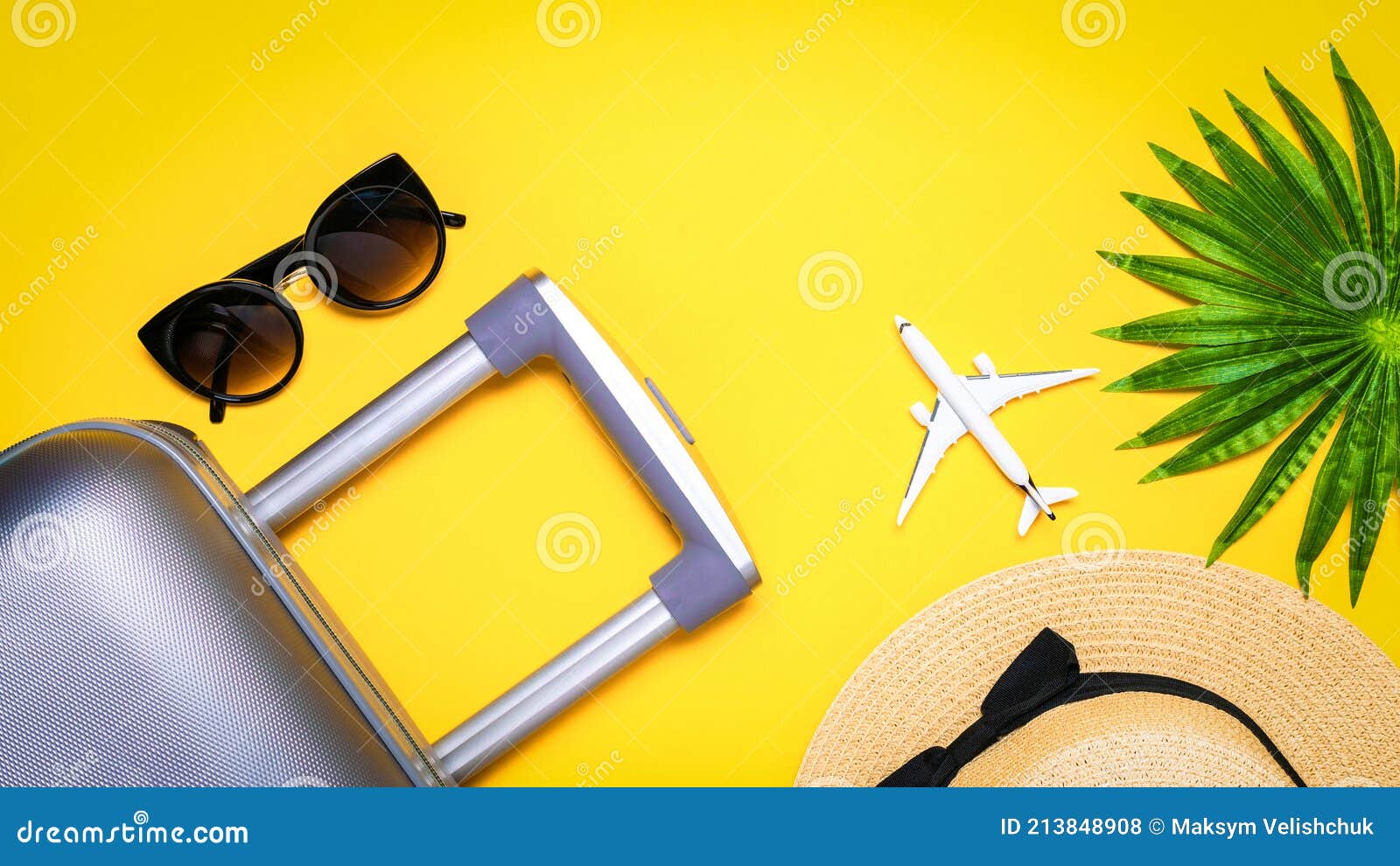 Summer Background Beach. Suitcase, Sunglasses with Palm Leaves and ...