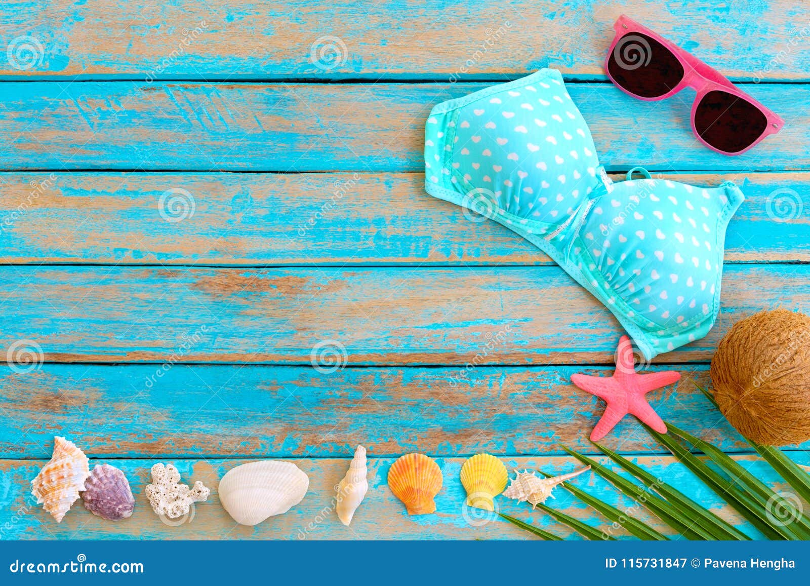 Summer Background with Bikini, Sunglasses, Coconut, Starfish, Coral and ...