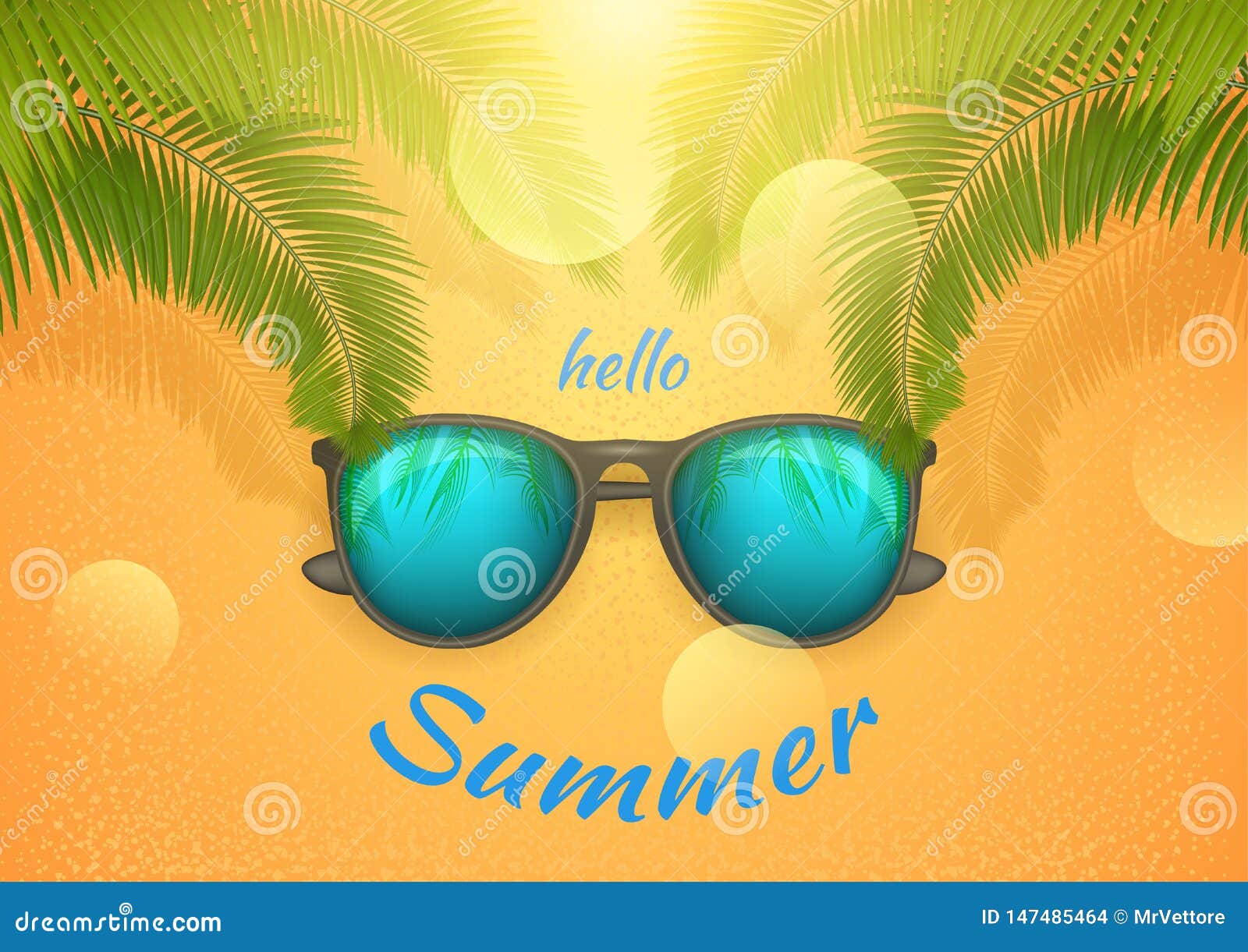 summer banner with text hello summer, sunglass and palm branch happy bright concept in yellow background.  stock