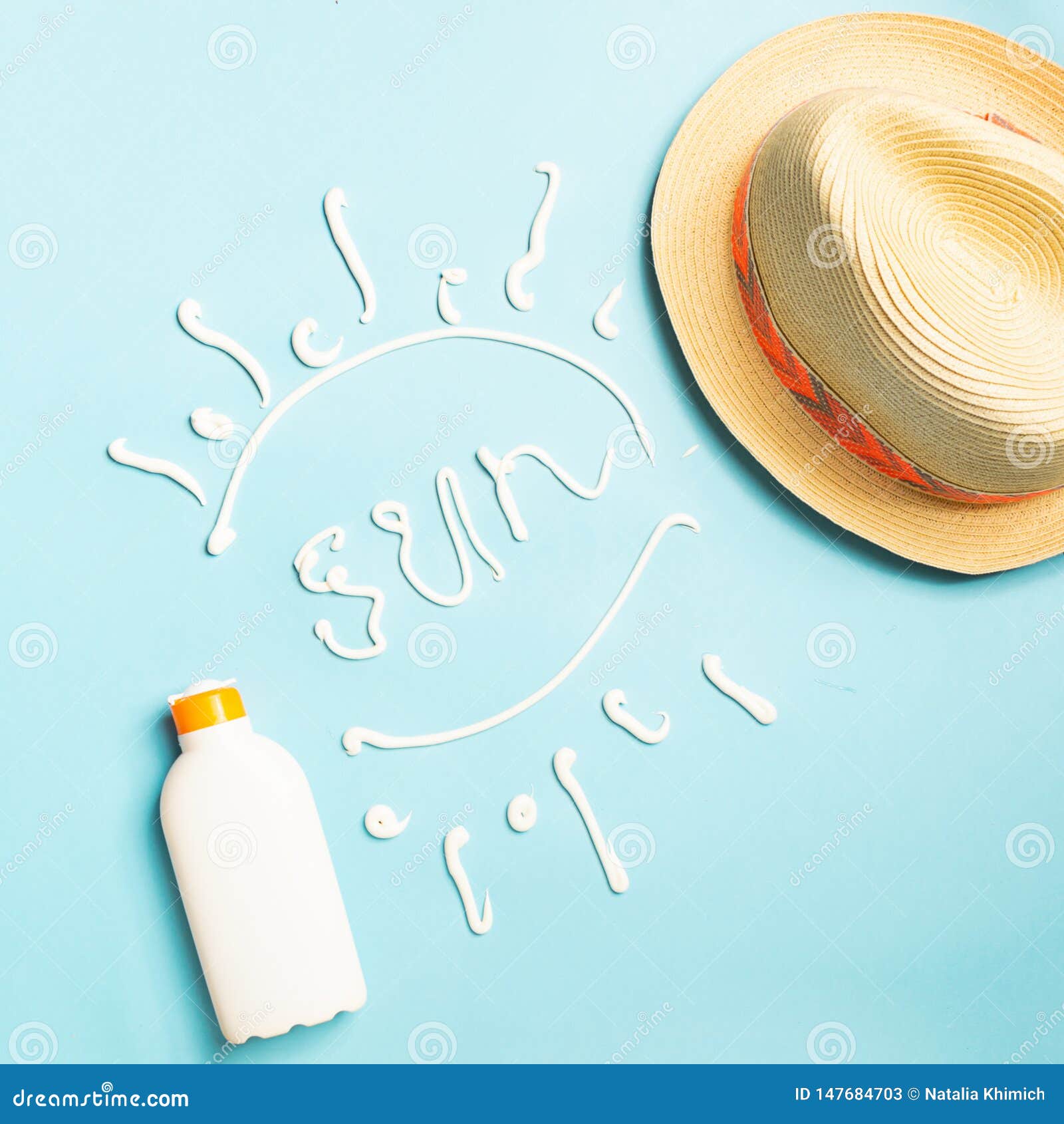 Summer Beach Accessories Sunscreen Hat Bright Blue Background Text SUN. the  Concept of Relaxation and the Beach Stock Image - Image of straw, colorful:  147684703
