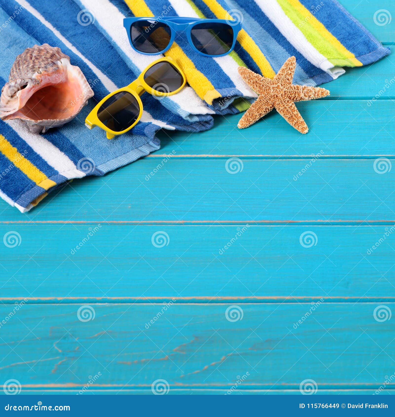 Summer Beach Border Scene Blue Wood Starfish Sunglasses Stock Image ...