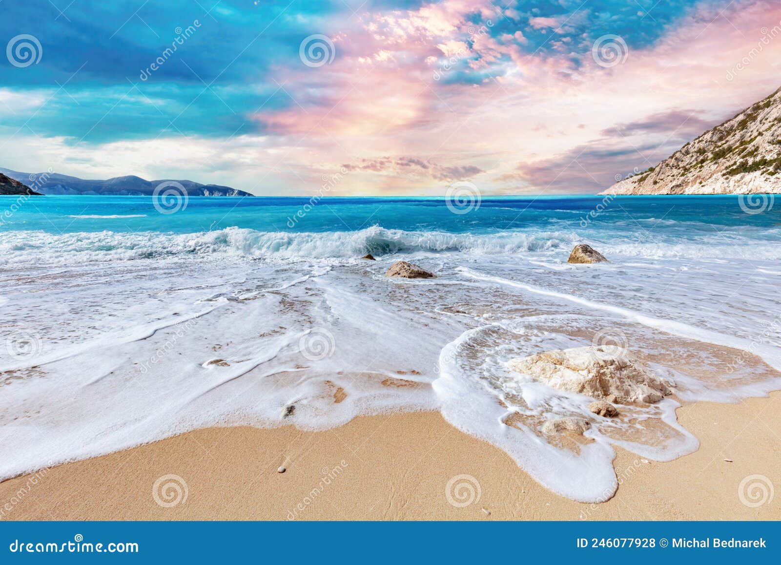 summer beach in greece. myrtos beach in kefalonia