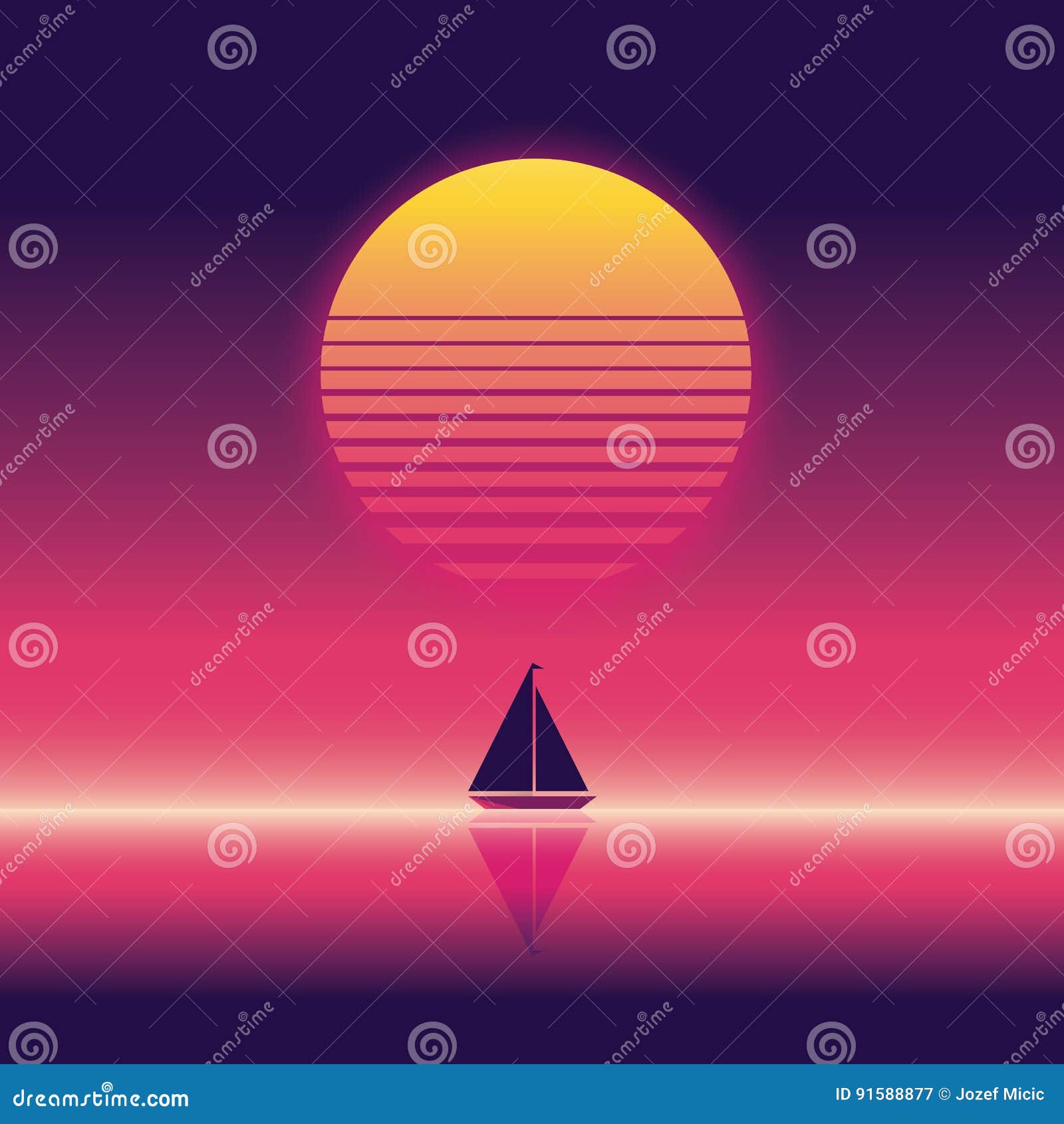 summer beach party  banner or flyer template. 80s retro neon glow style. yacht sailing on horizon.