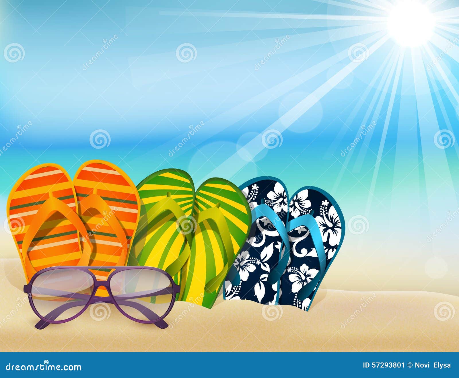 Summer Beach Sandals Colorful Flip- Flops with Sunglasses Stock Vector ...