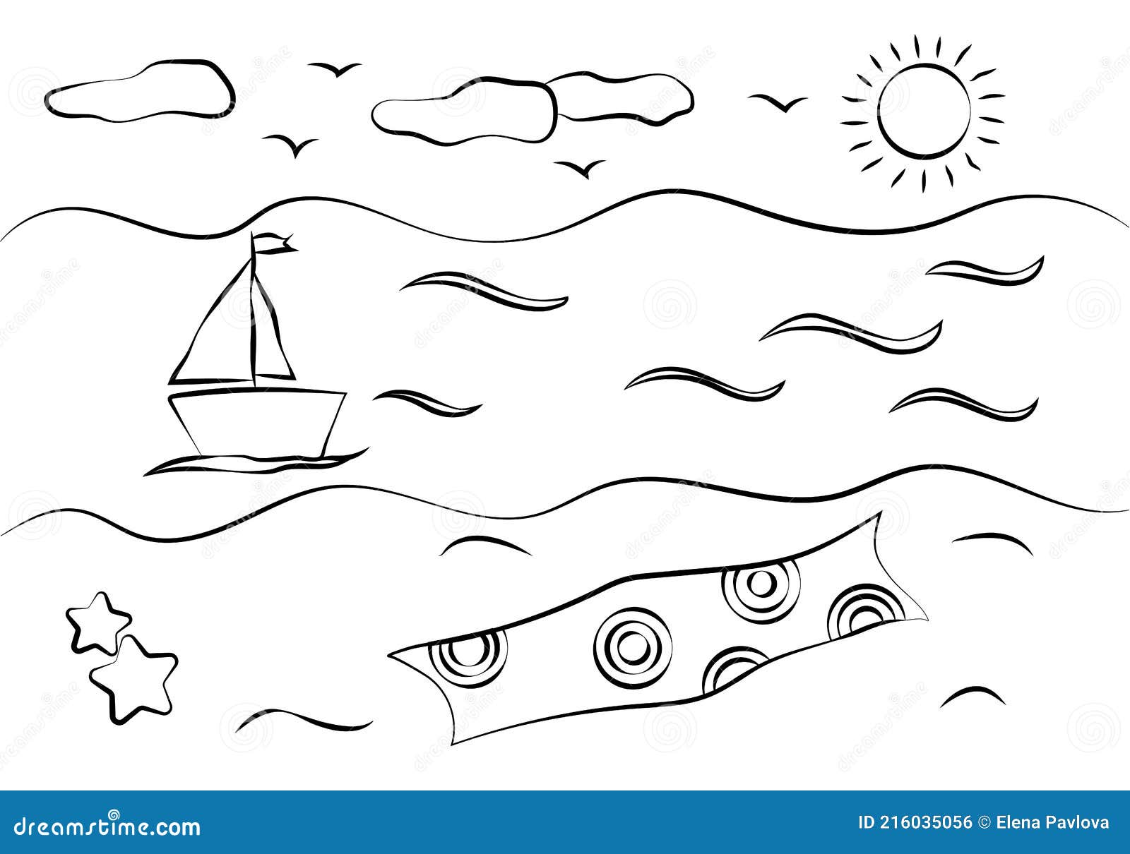 Summer Beach, Sea and Sailboat Child`s Drawing. Summer Item Doodle