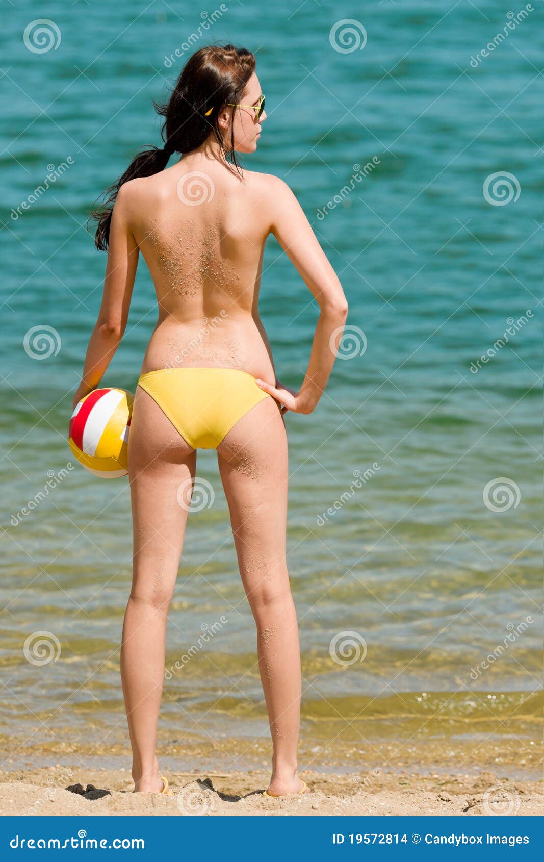 Summer Beach Woman Enjoy Sun Hold Ball Stock Photo image