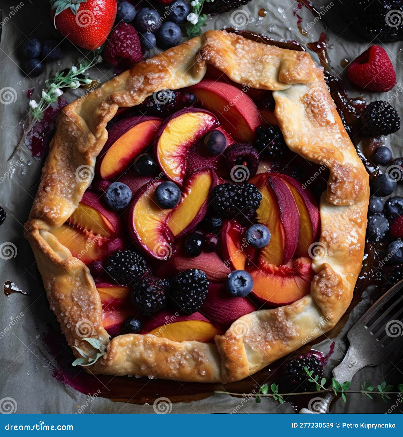Summer Berry and Peach Galette, Stock Illustration Illustration of