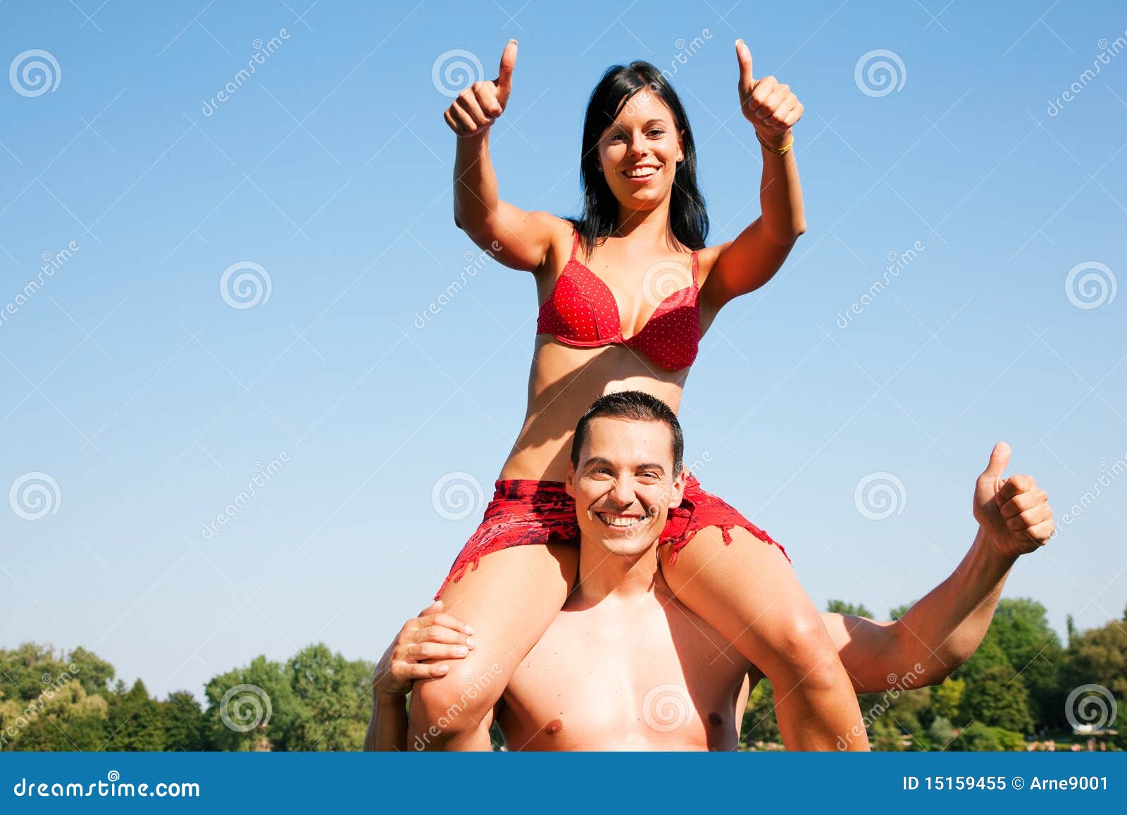 Summer Bikini Girl Sitting on Shoulders of Man Stock Image Image of