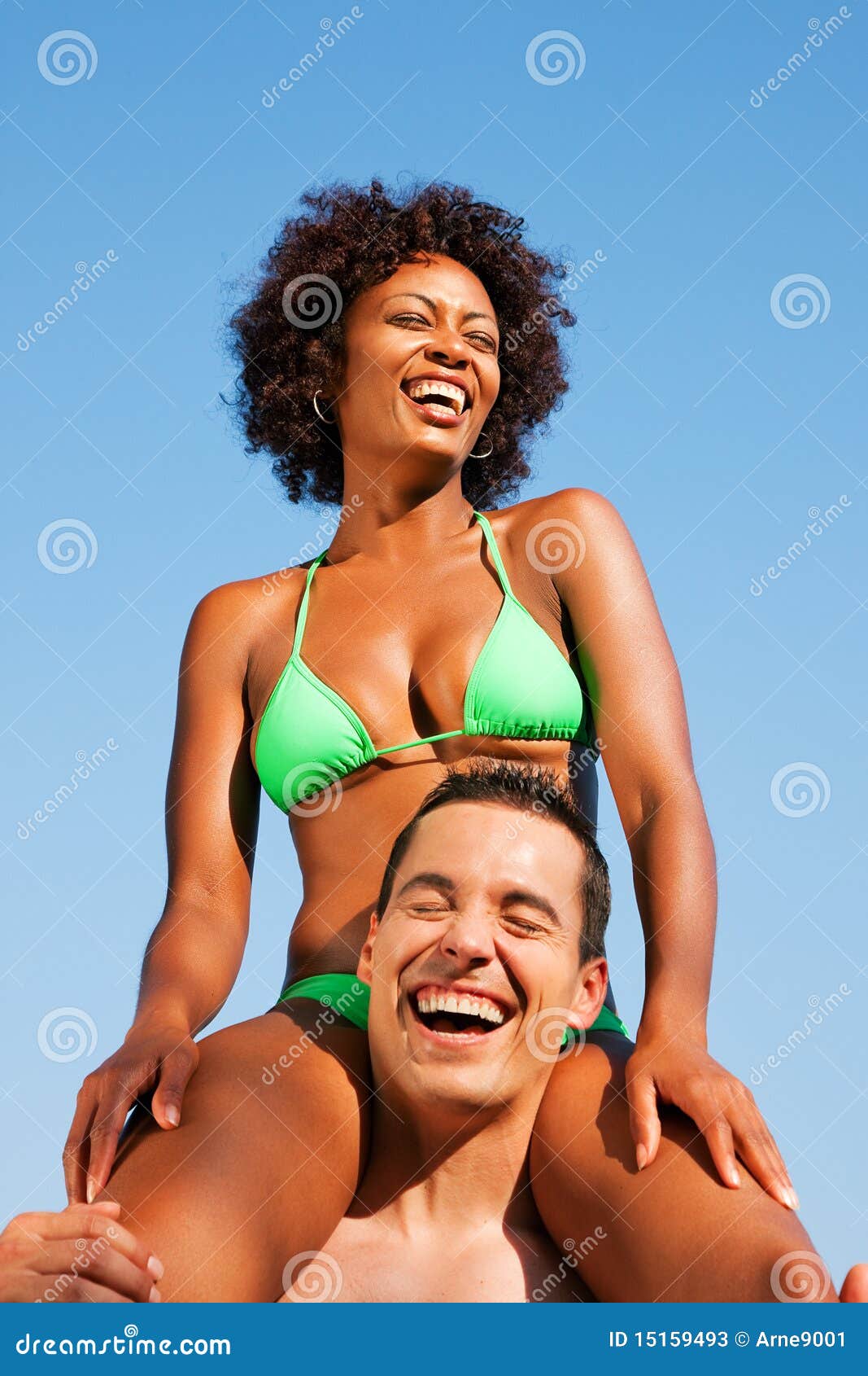 Summer Bikini Girl Sitting on Shoulders of Man Stock Image Image of