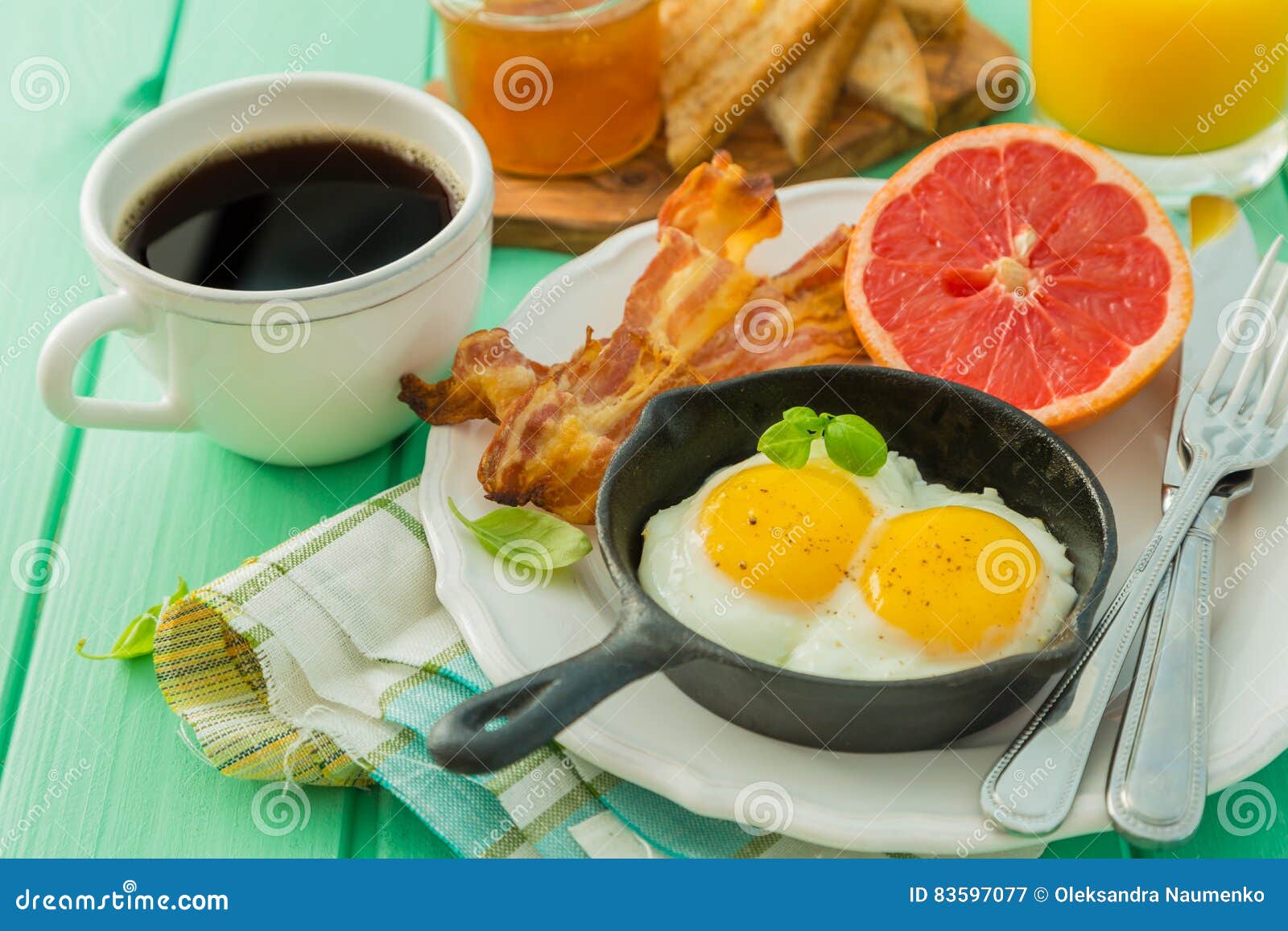 Summer Breakfast Eggs, Bacon, Toast, Jam, Coffee, Juice Stock Image Image of fresh, cooked