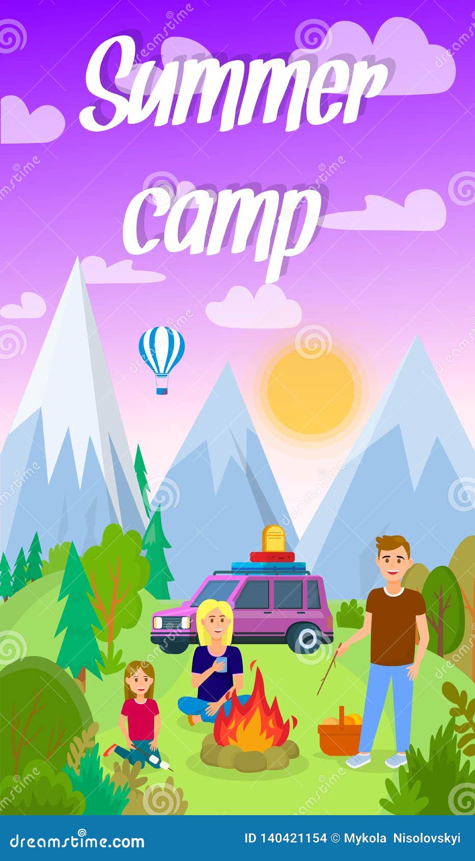 Флэт иллюстрации лето лагерь. Camping text