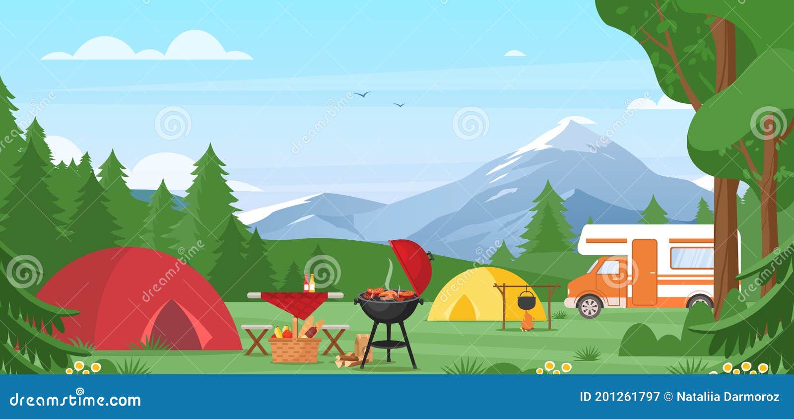 Summer Camping Vector Illustration. Outdoor Nature Adventure, Active ...