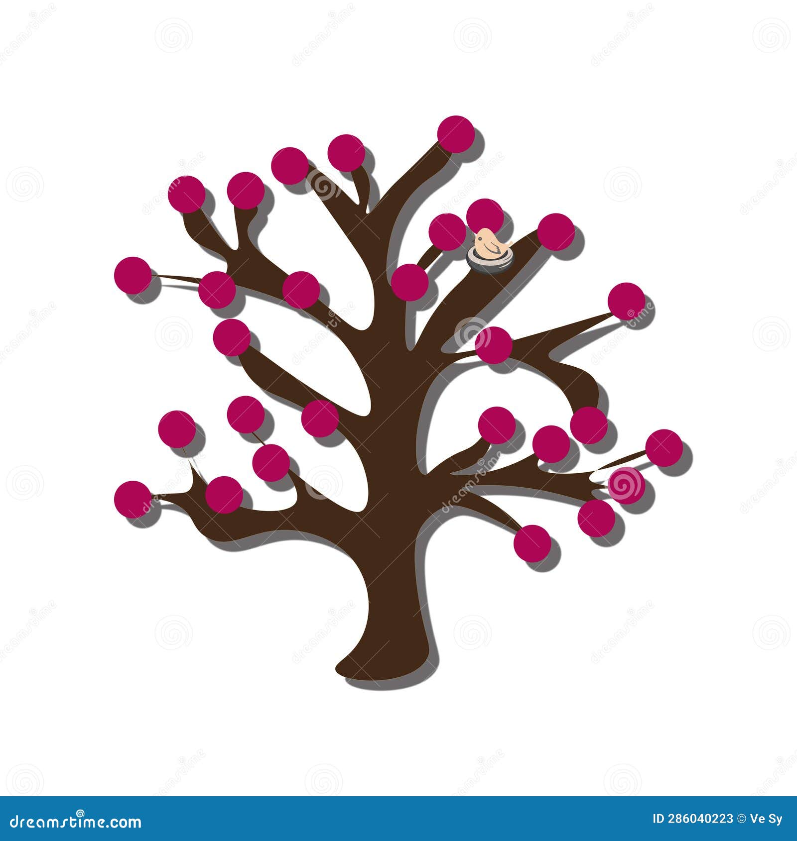 SUMMER CHERRY TREE with BIRD NESTING Stock Illustration - Illustration