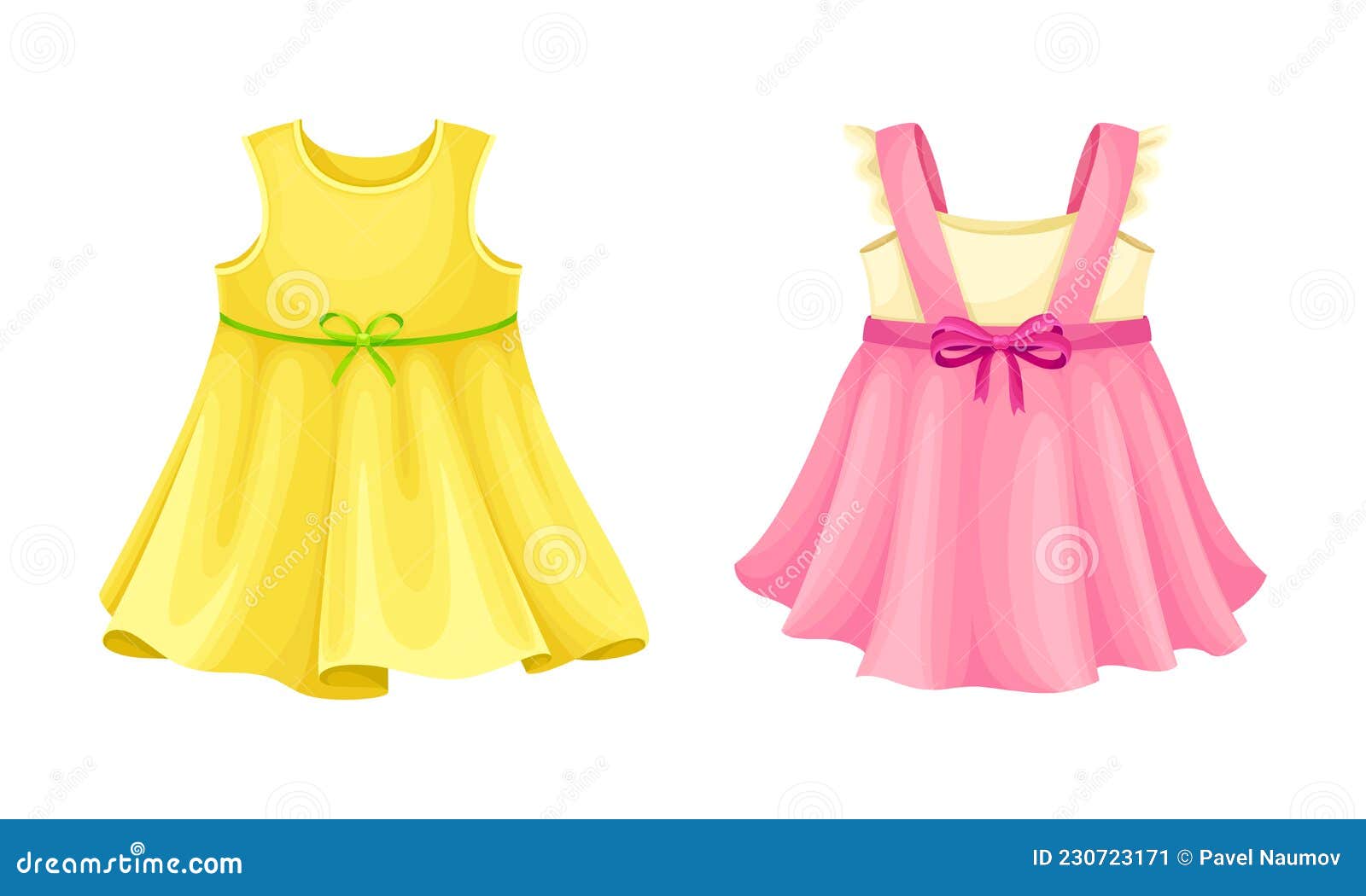 Summer Clothes for Little Girl Set. Cute Pink and Yellow Dresses Cartoon  Vector Illustration Stock Vector - Illustration of design, apparel:  230723171