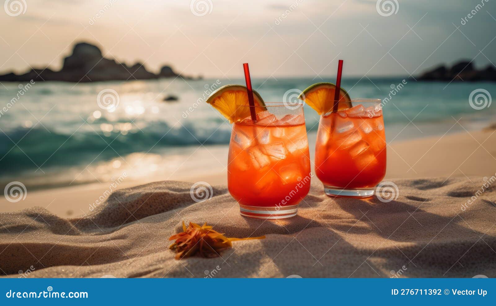 Summer Cocktails at Beach. Generative AI Stock Illustration