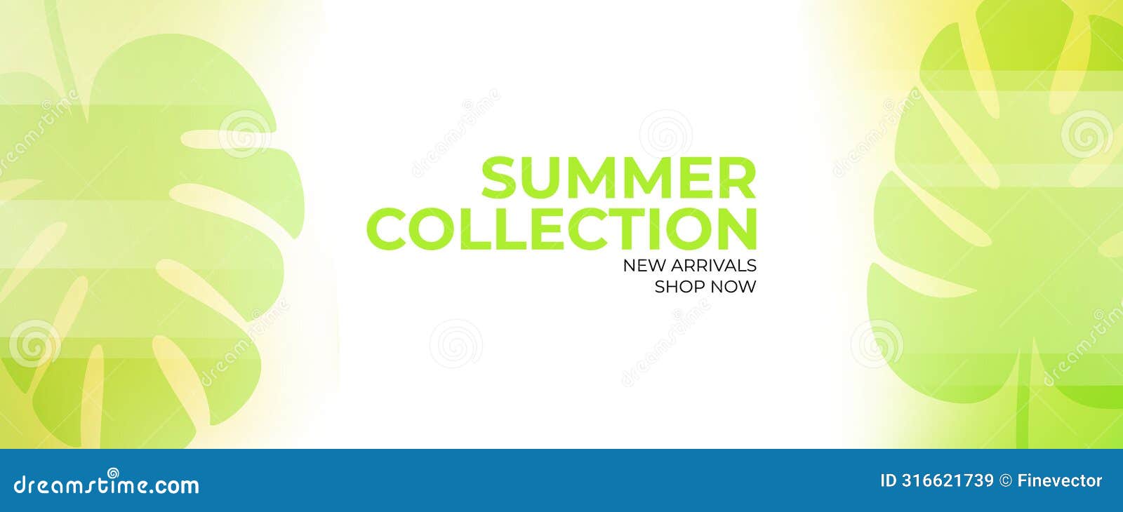 summer collection. new arrivals promotional banner. summertime season abstract background with palm leaves.