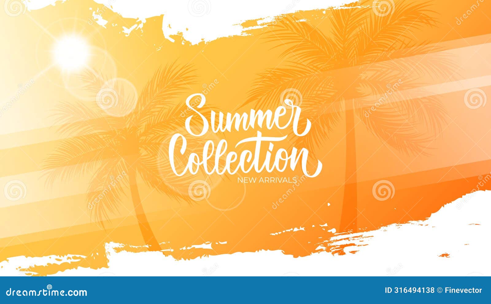 summer collection. new arrivals promotional banner. summertime season background with palm trees and summer sun.