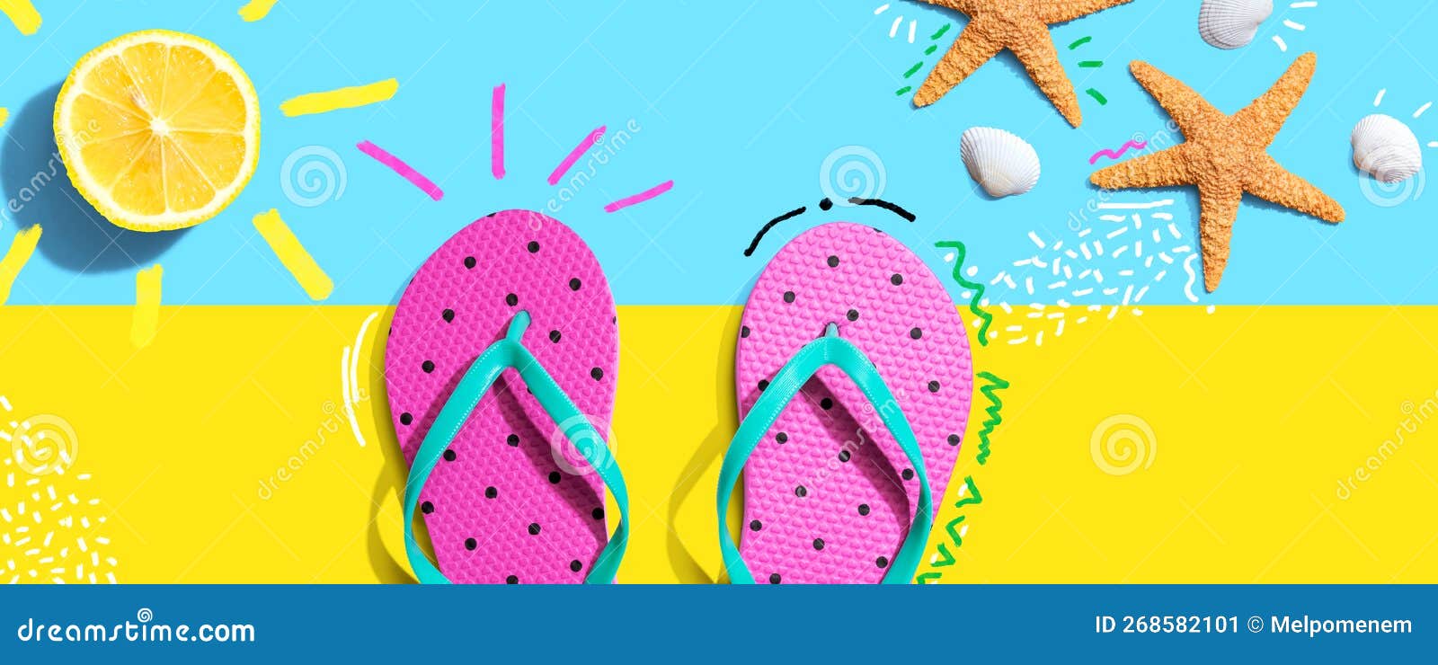 Summer Concept with Flip Flops and Lemon Sunlight Stock Image - Image